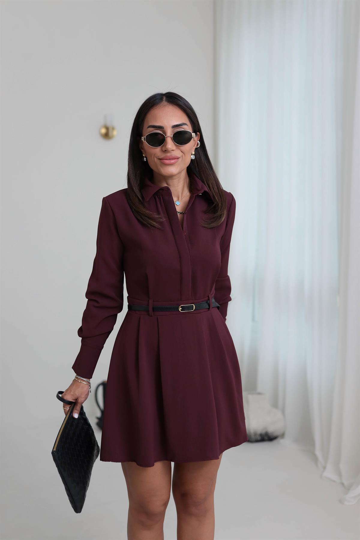 8171 Pensli Kemerli Gömlek Elbise BORDO