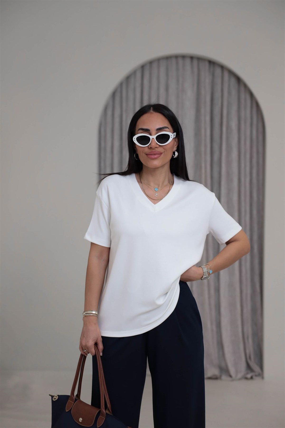 T927 V Yaka Modal Kumaş Tshirt EKRU