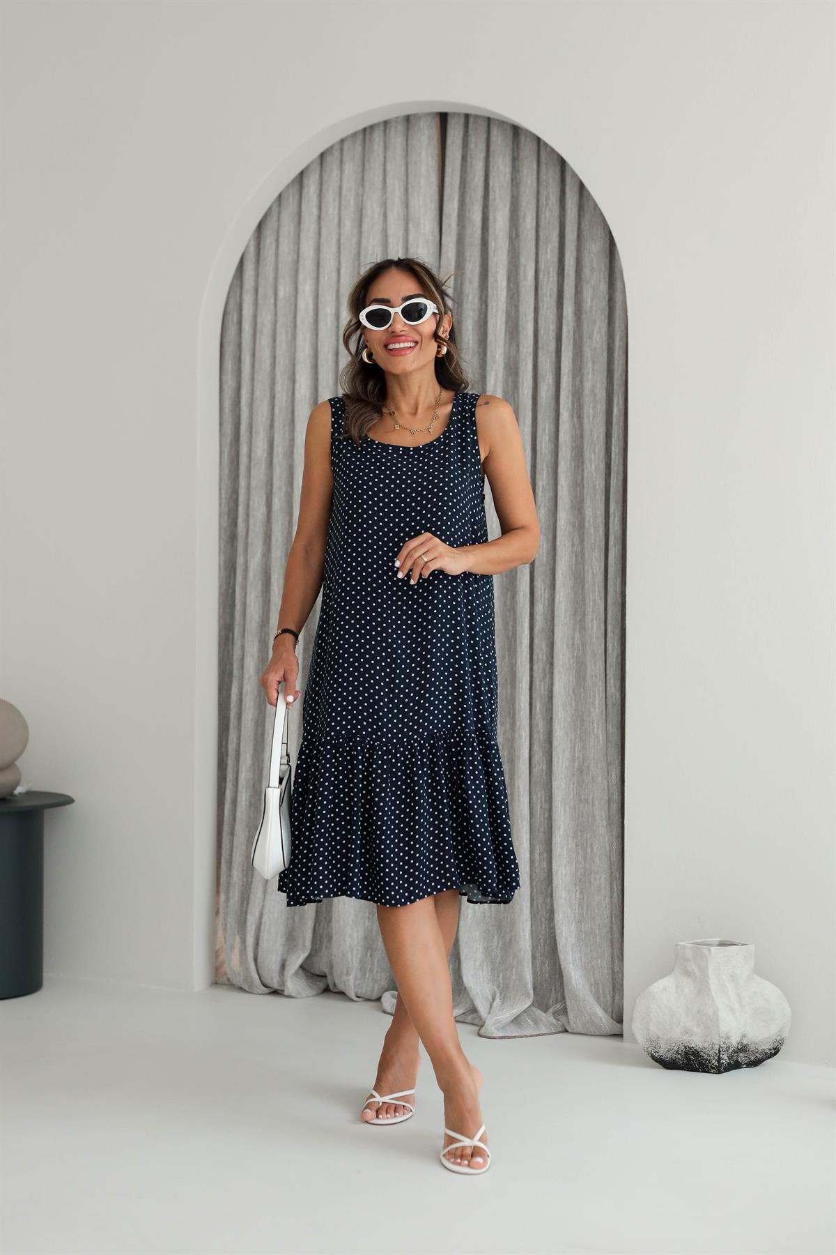 Eteği Fırfırlı Kolsuz Rahat Viskon Elbise