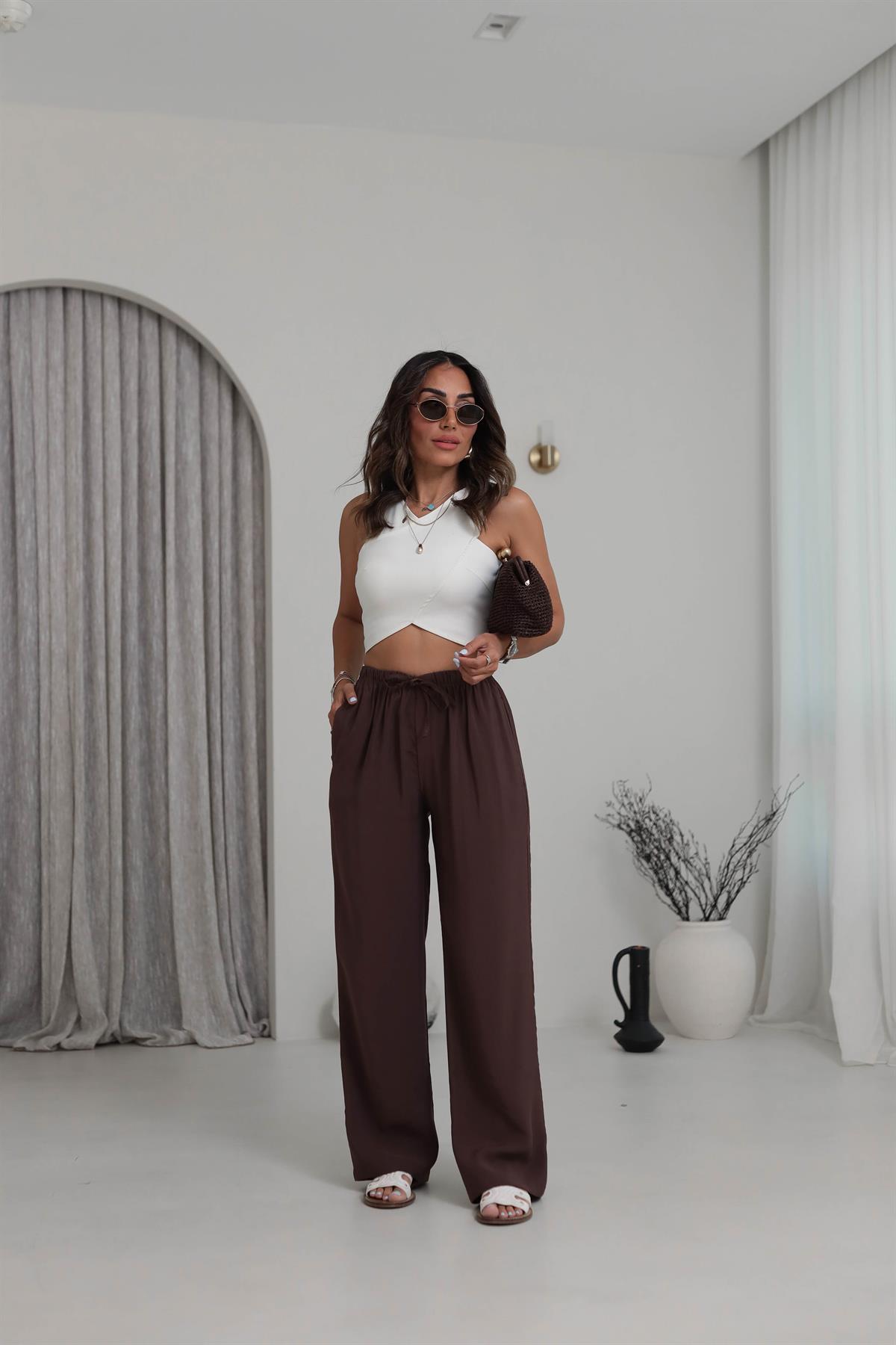 Beli Lastikli Bağcıklı Tencel Pantolon KAHVE