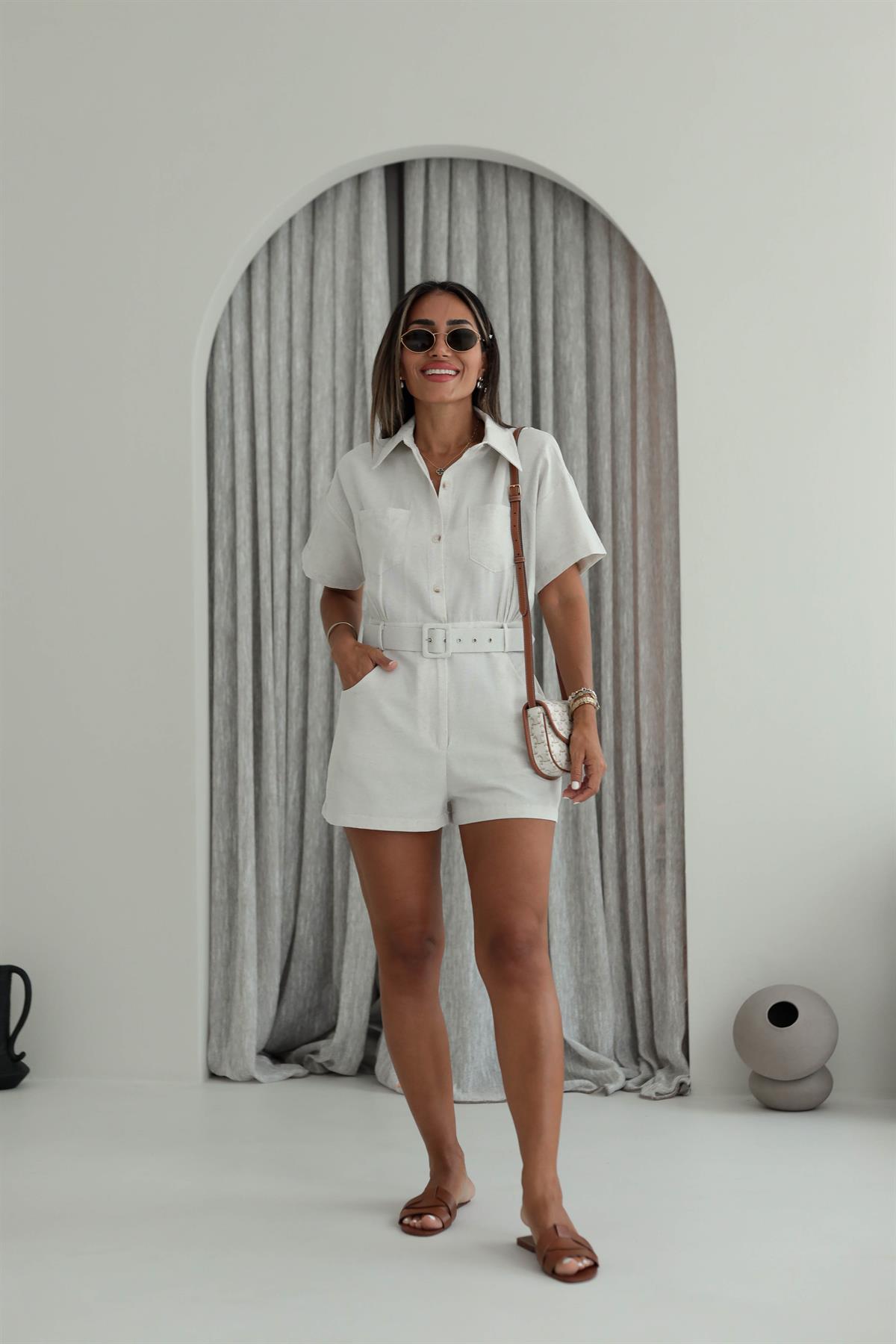 Kemerli Keten Kumaş Şort Tulum