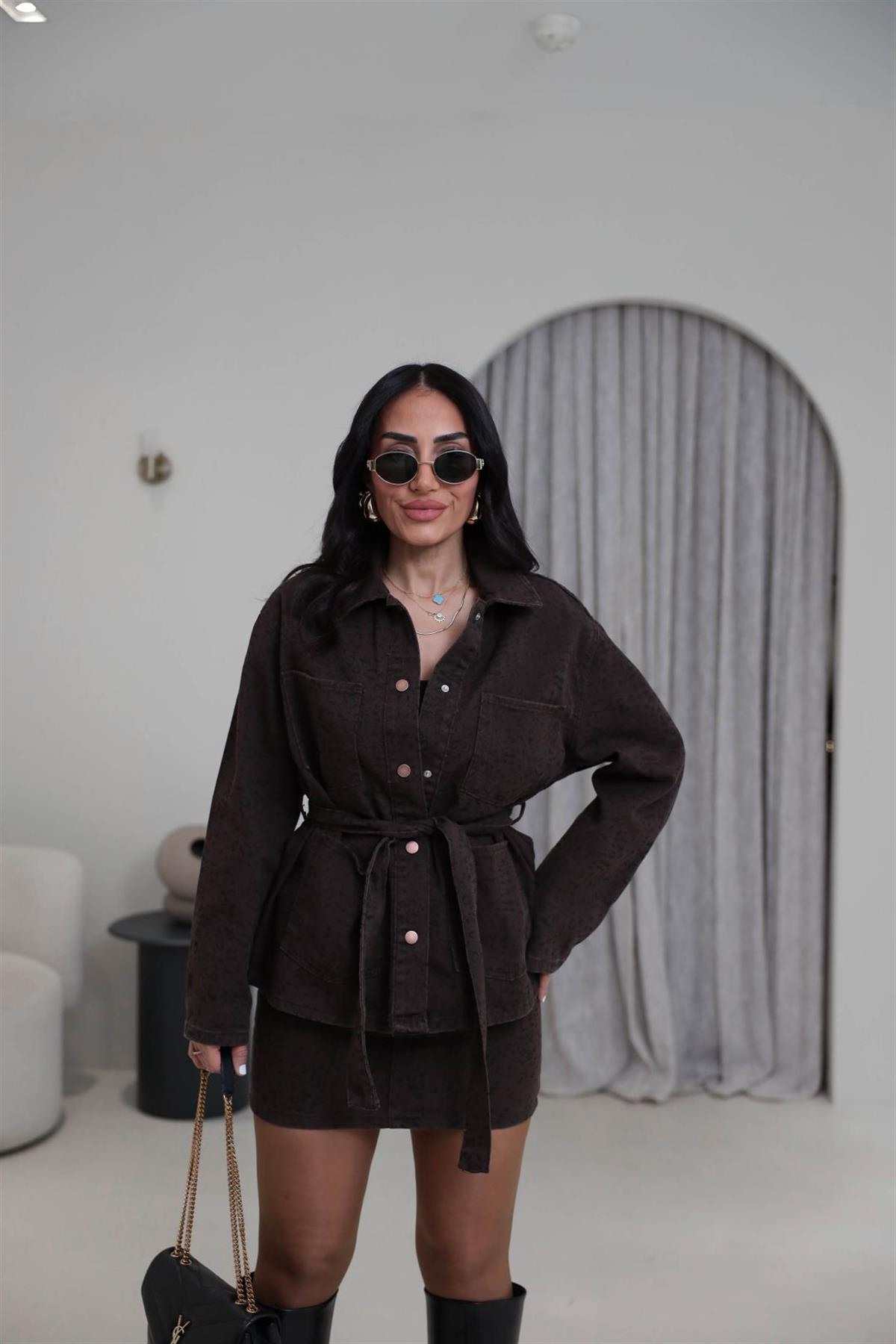 0276 Leopar Desen Kuşaklı Ceket KAHVE