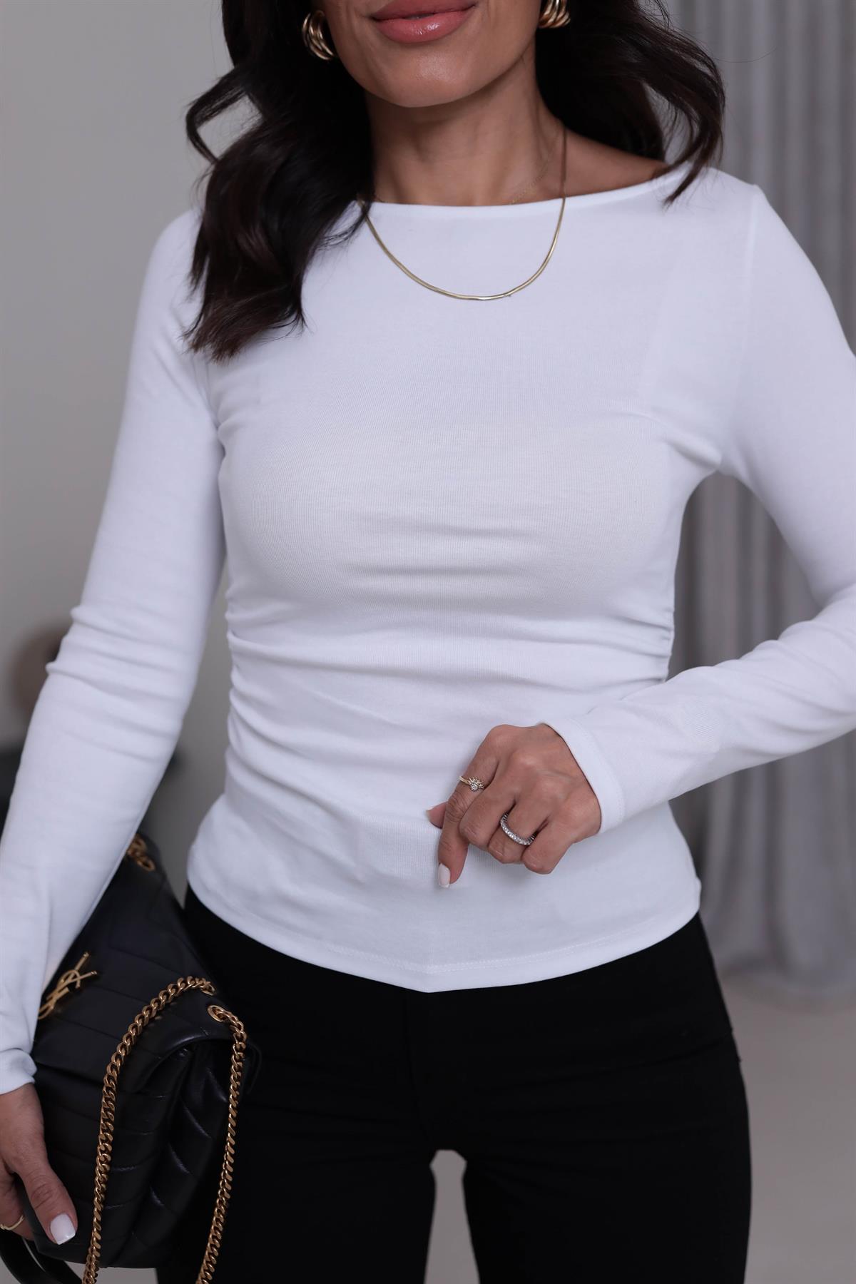 1401 Kayık Yaka Büzgülü Uzun Kollu Bluz BEYAZ