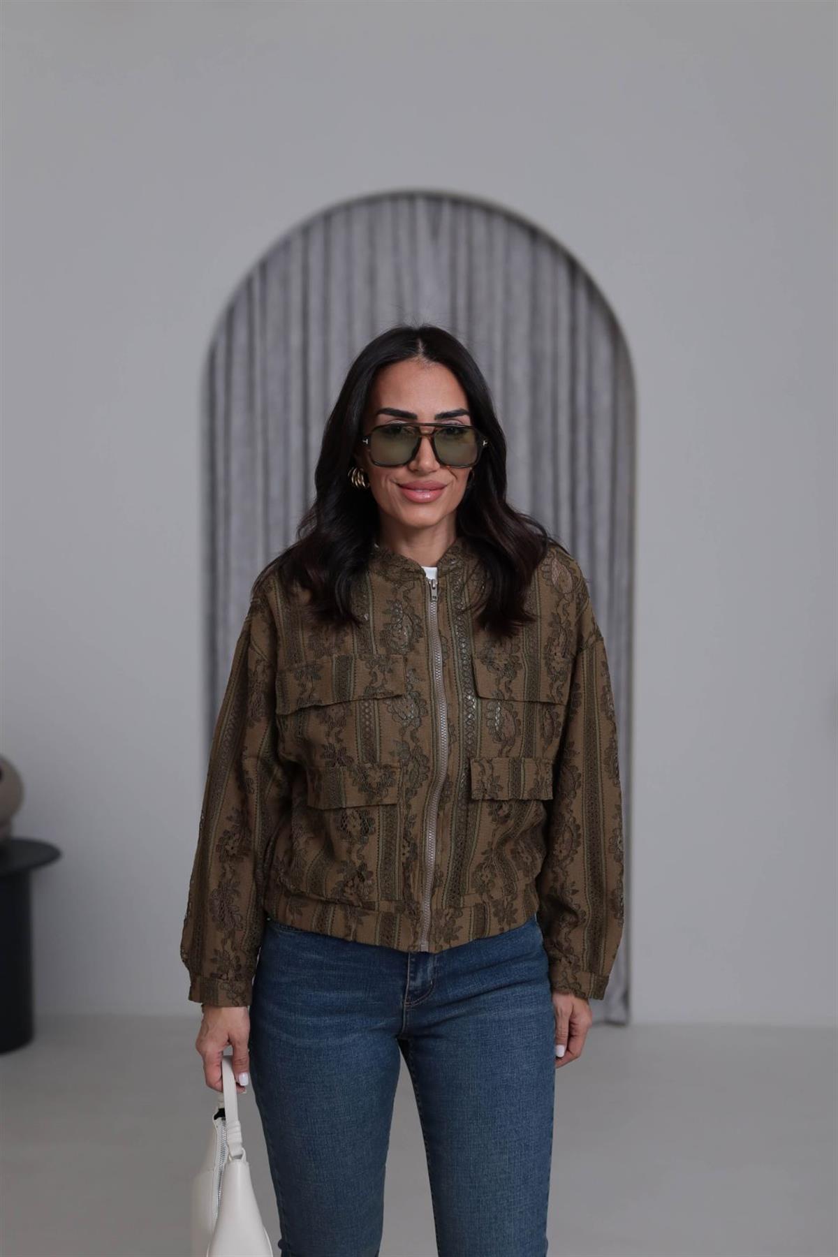 Fermuarlı Cep Kapaklı Dantelli Bomber Ceket HAKİ YEŞİL