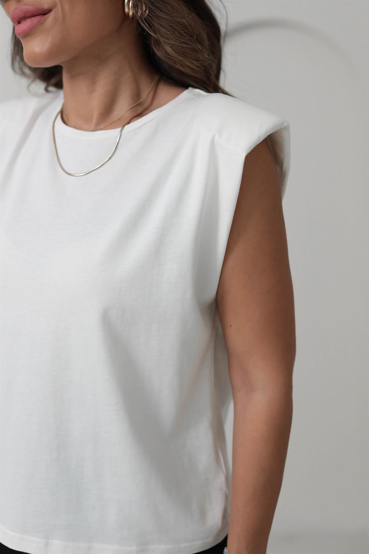 8802 Omuzları Vatkalı Pamuklu Tshirt EKRU