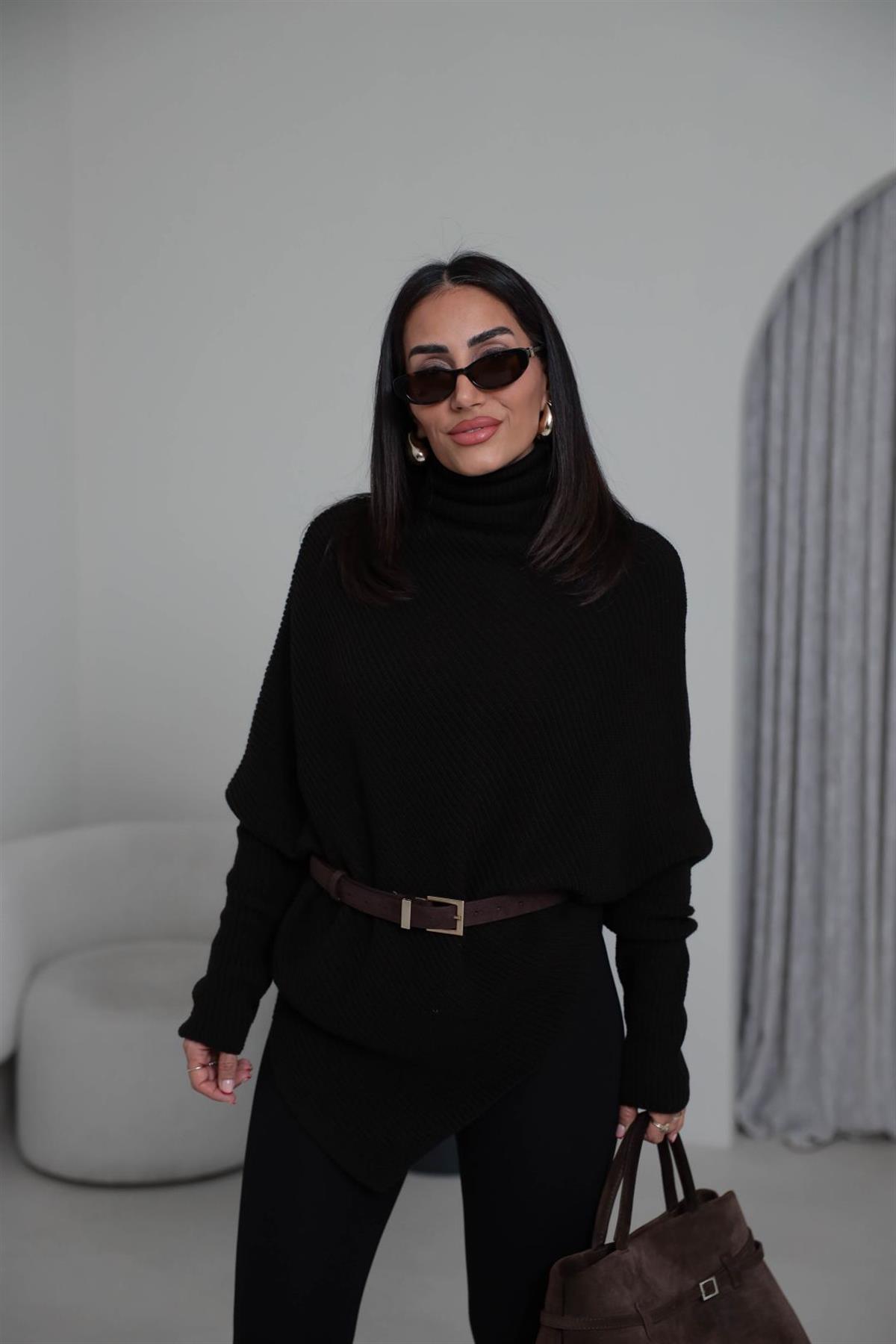 2574 Balıkçı Yaka Asimetrik Triko Kazak ACI KAHVE