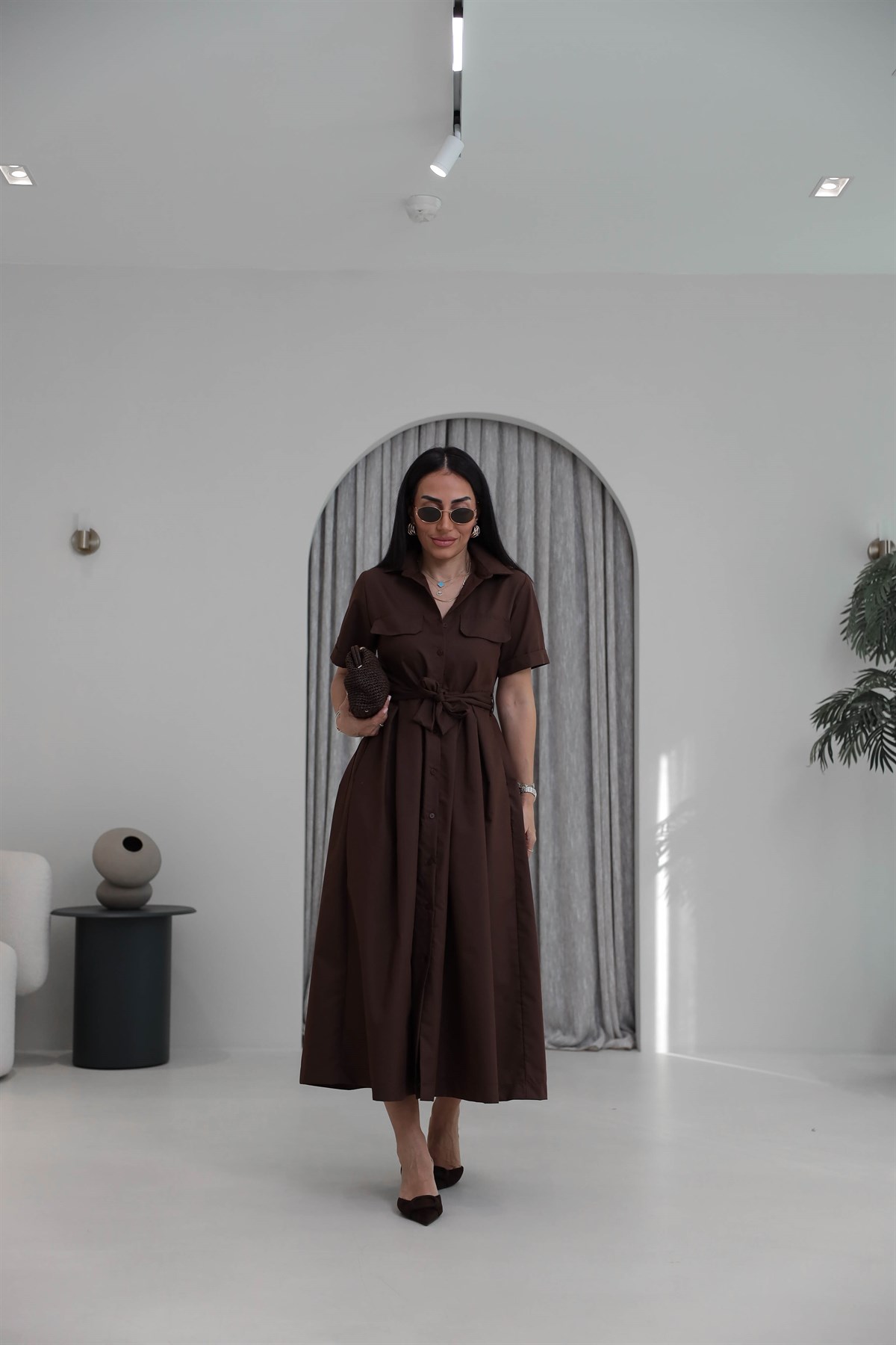 0165 Cep Kapaklı Kuşaklı Kısa Kol Kloş Elbise ACI KAHVE
