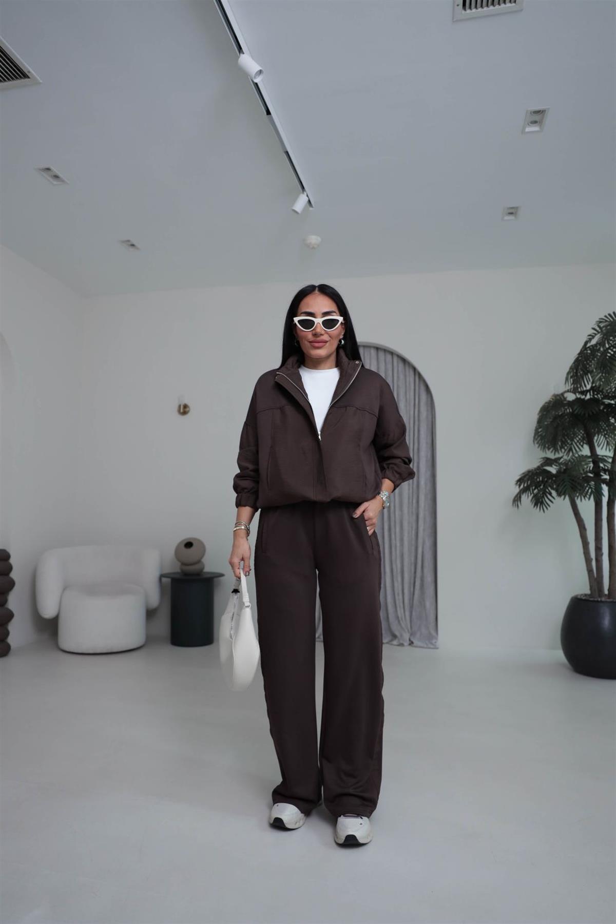 3601 Fermuarlı Büzgülü Paraşüt Garnili Takım KAHVE