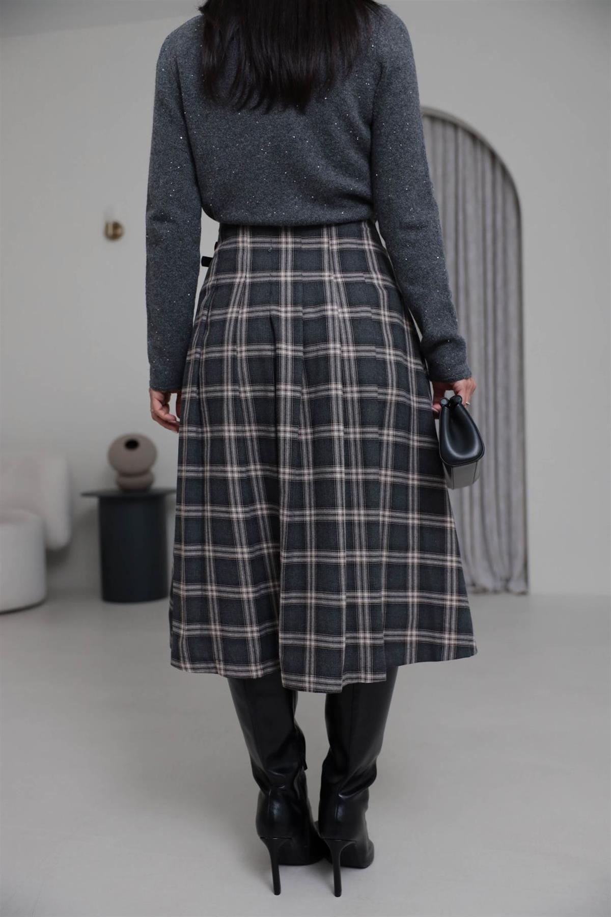 4228 Çift Kemer Detaylı Ekose Etek FÜME