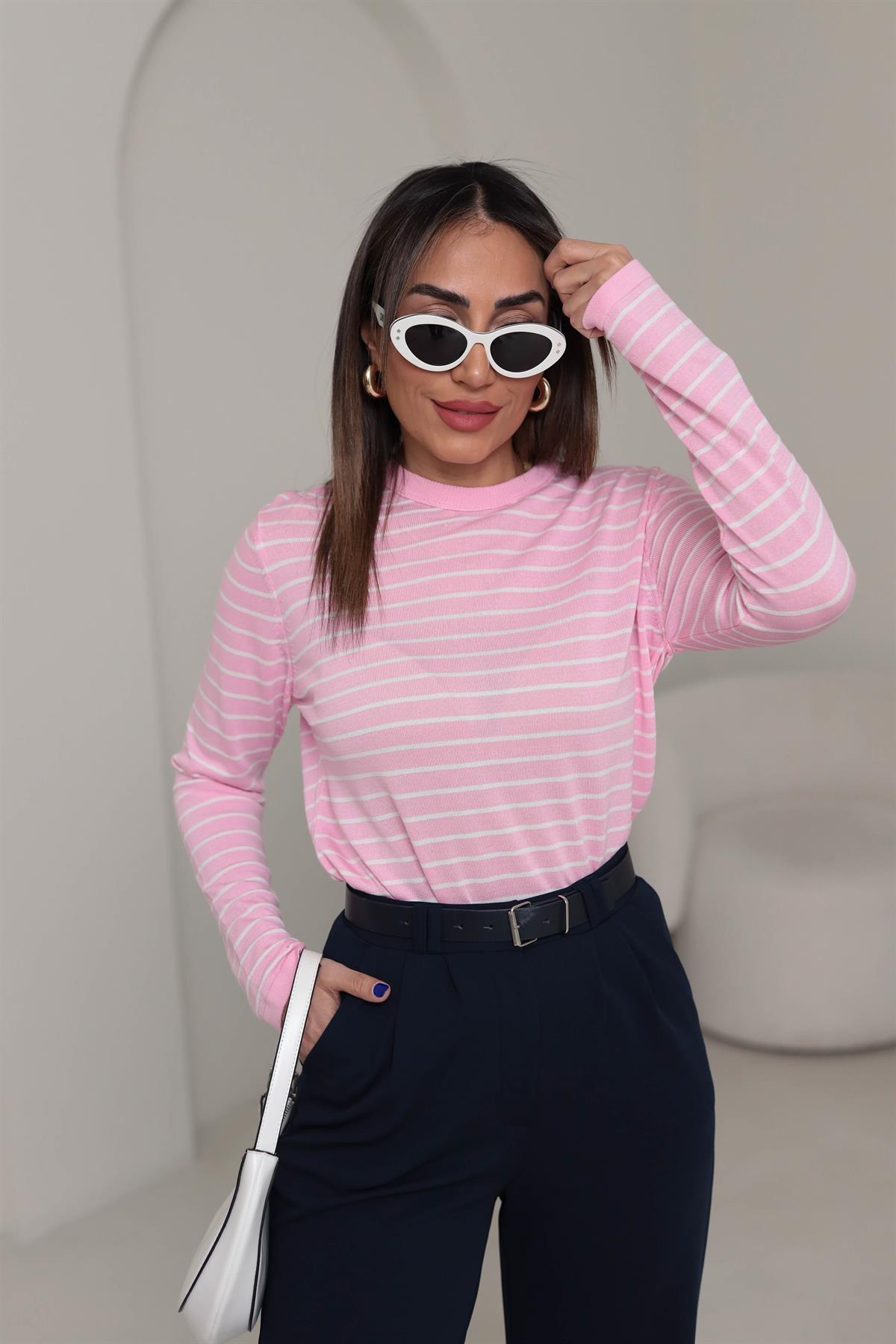 Çizgili Bisiklet Yaka Merzerize Triko PEMBE