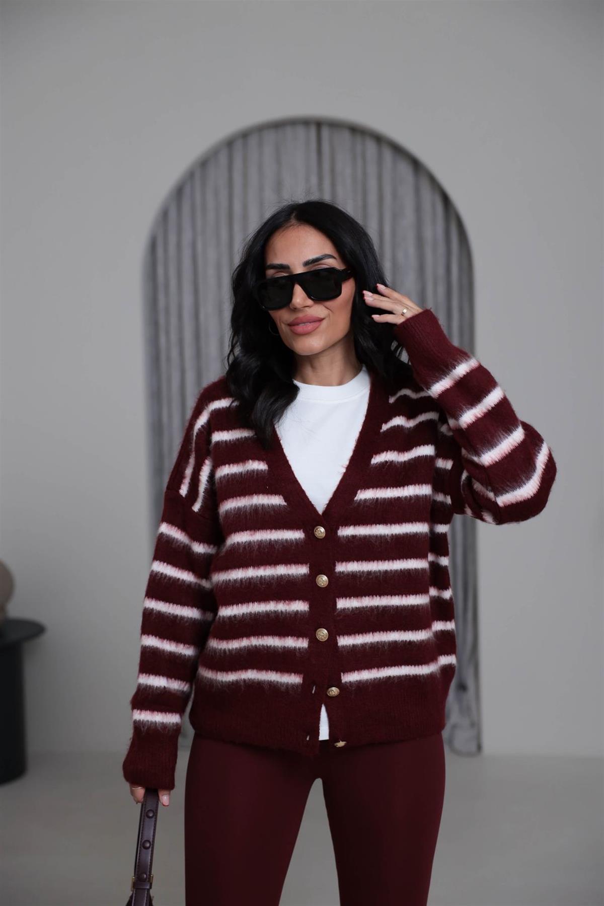 4584 Gold Düğmeli Çizgili Yumoş Hırka BORDO