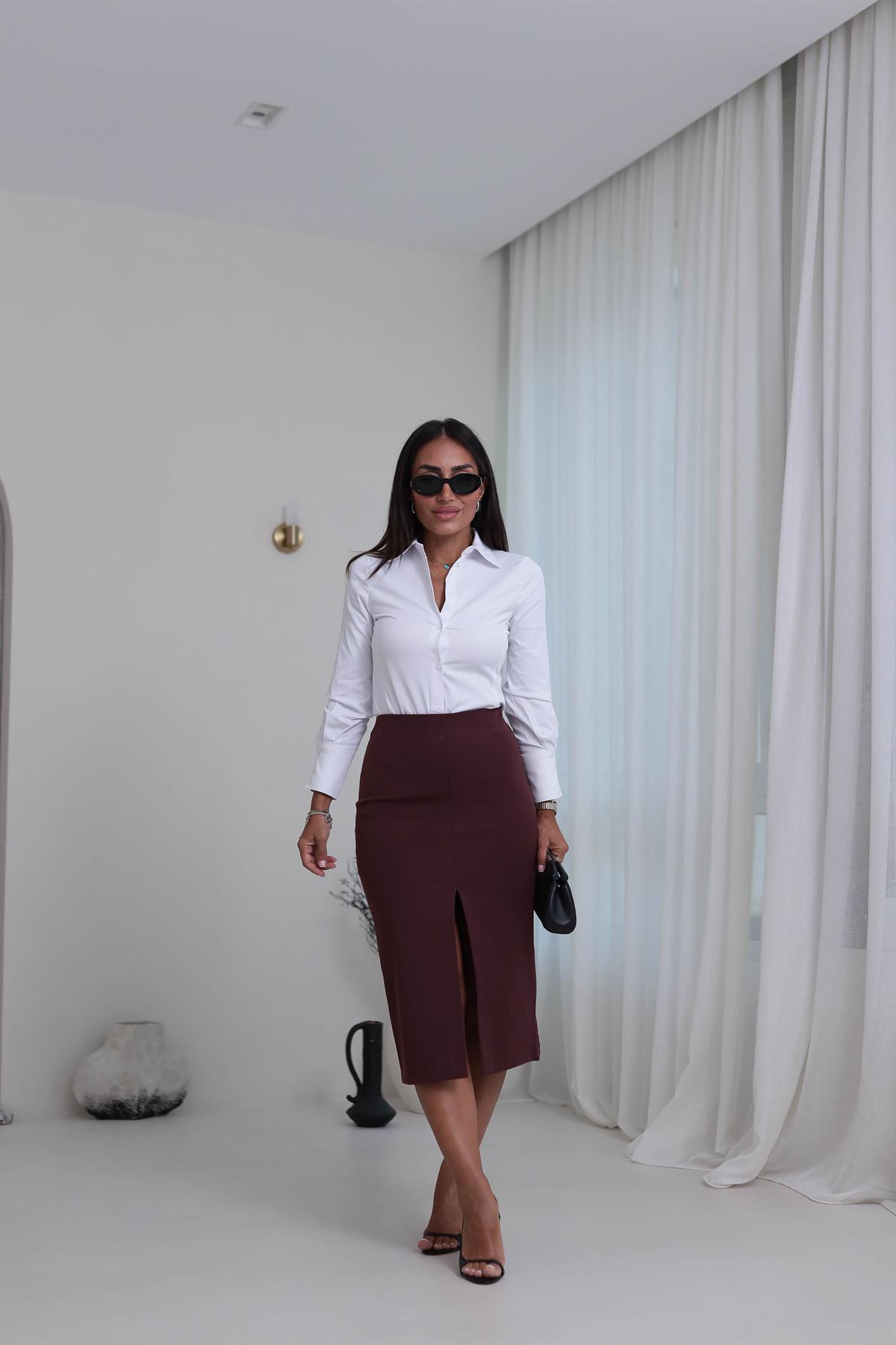 4866K Önden Yırtmaçlı Kalem Etek BORDO