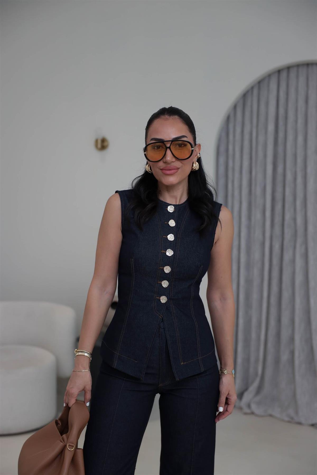 8053 Gold Düğmeli Yelekli Likralı Takım LACİVERT