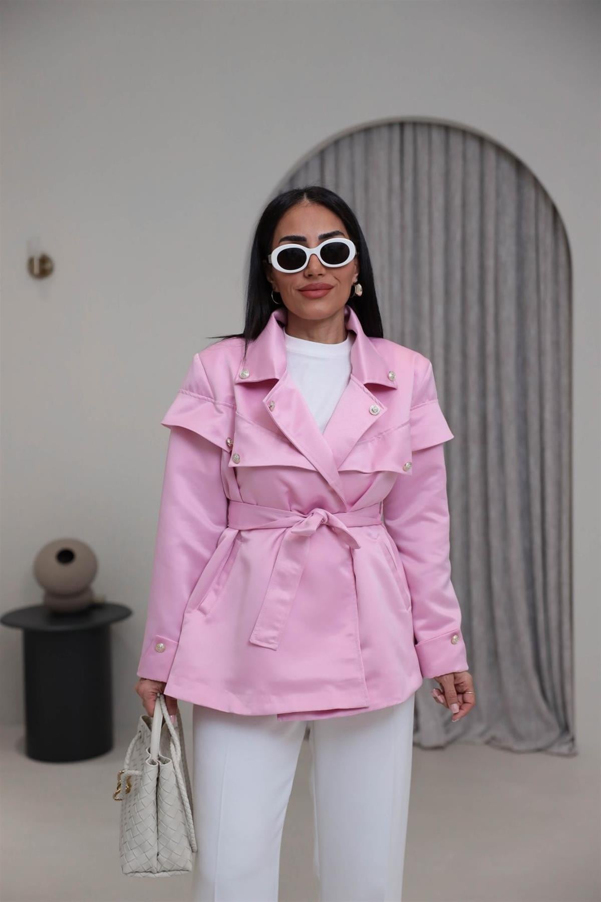 302 Gold Düğmeli Kuşaklı Saten Ceket PEMBE