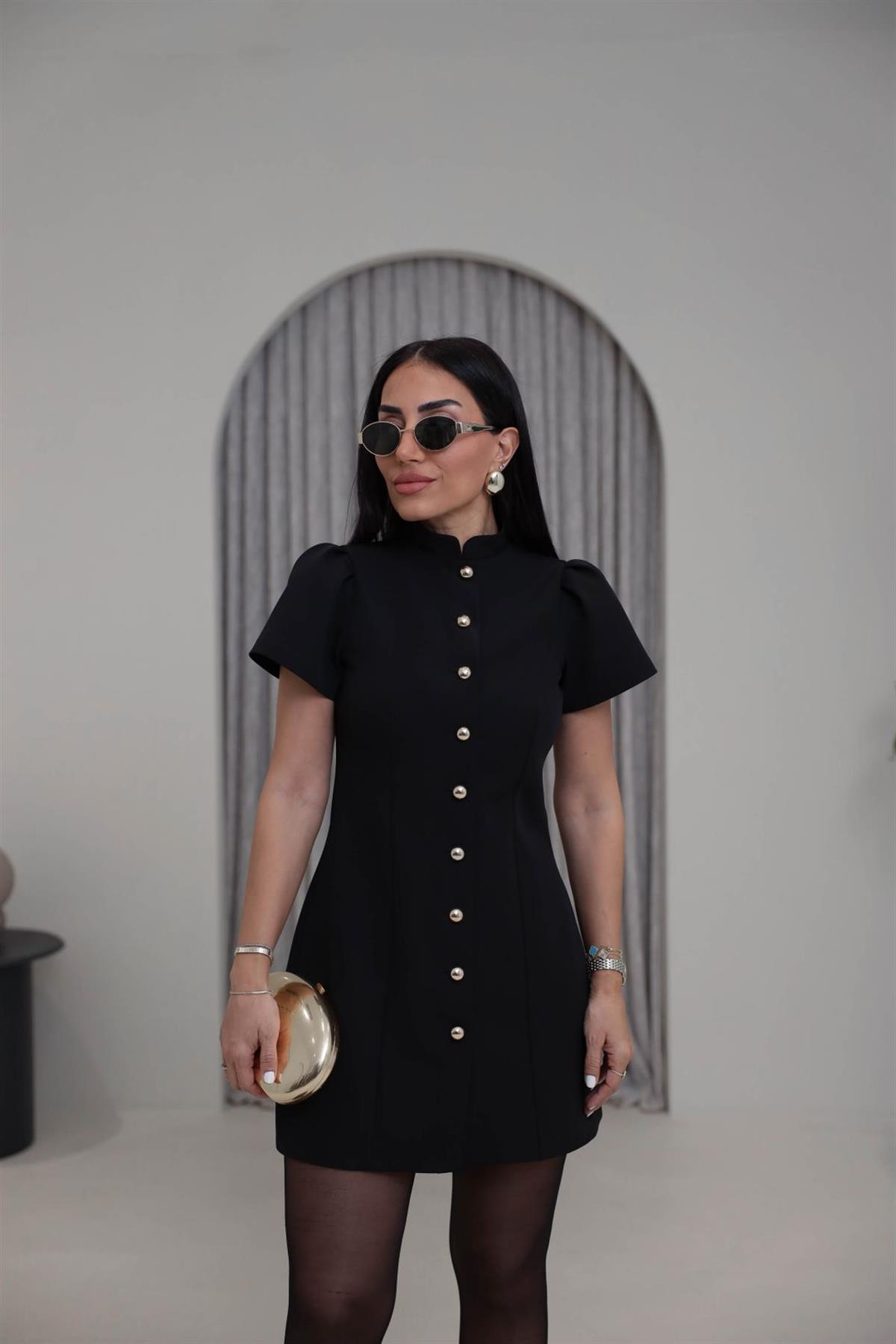 1283 Hakim Yaka Balon Kol Gold Düğmeli Mini Elbise SİYAH