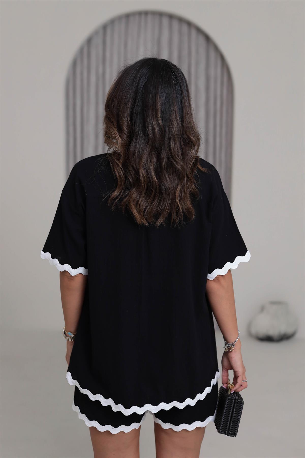 1182 Kontrast Dalga Nakışlı Keten Kimono Şort Takım SİYAH