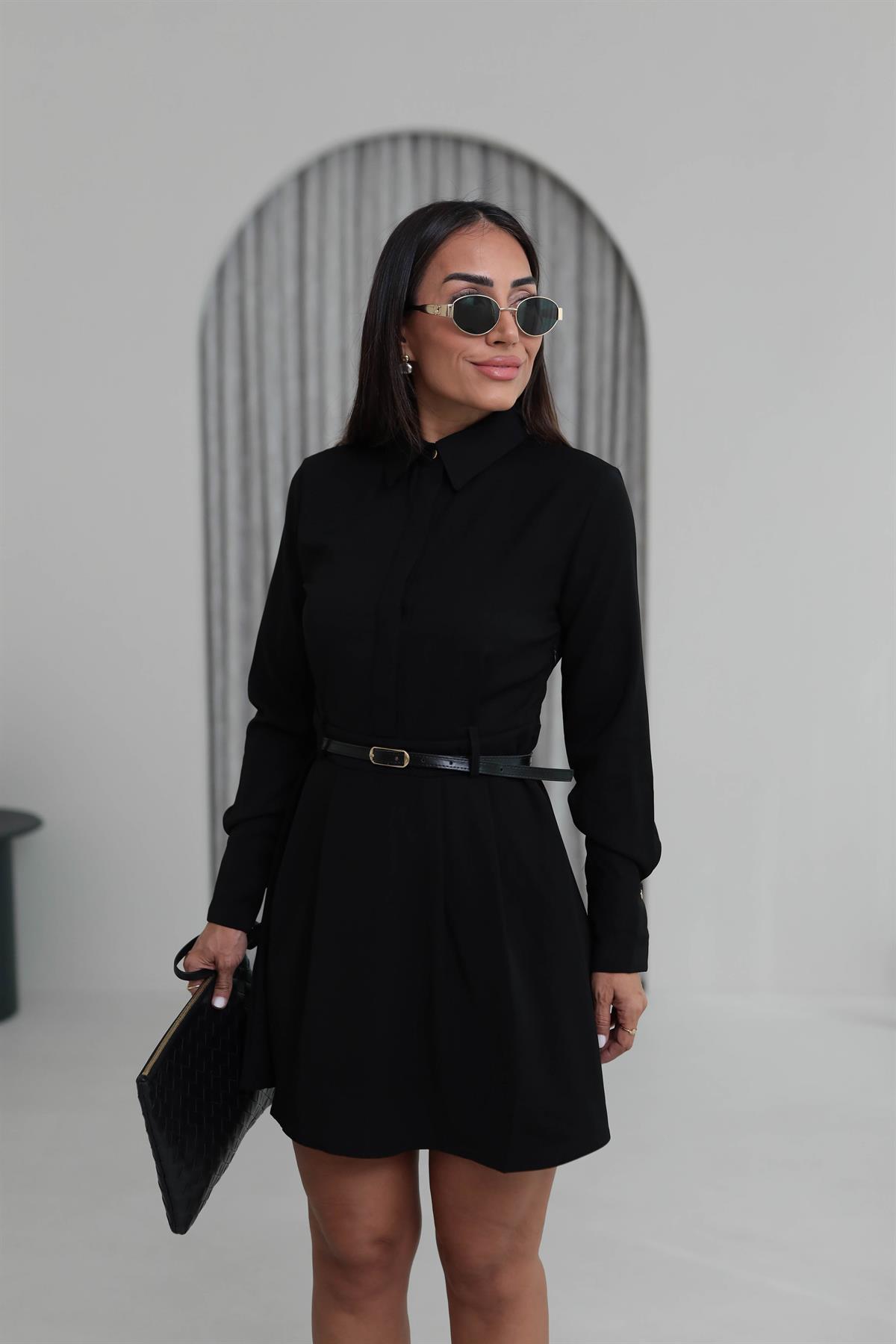 8171 Pensli Kemerli Gömlek Elbise SİYAH