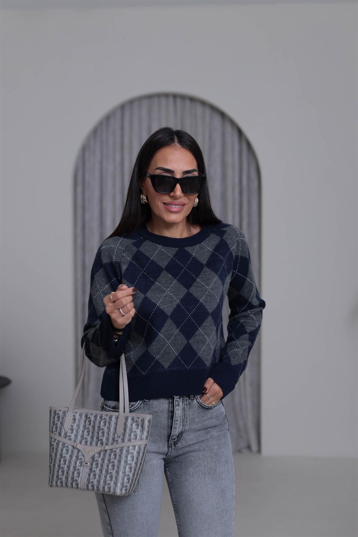 5219 Bisiklet Yaka Baklava Desen Massi Kazak LACİVERT