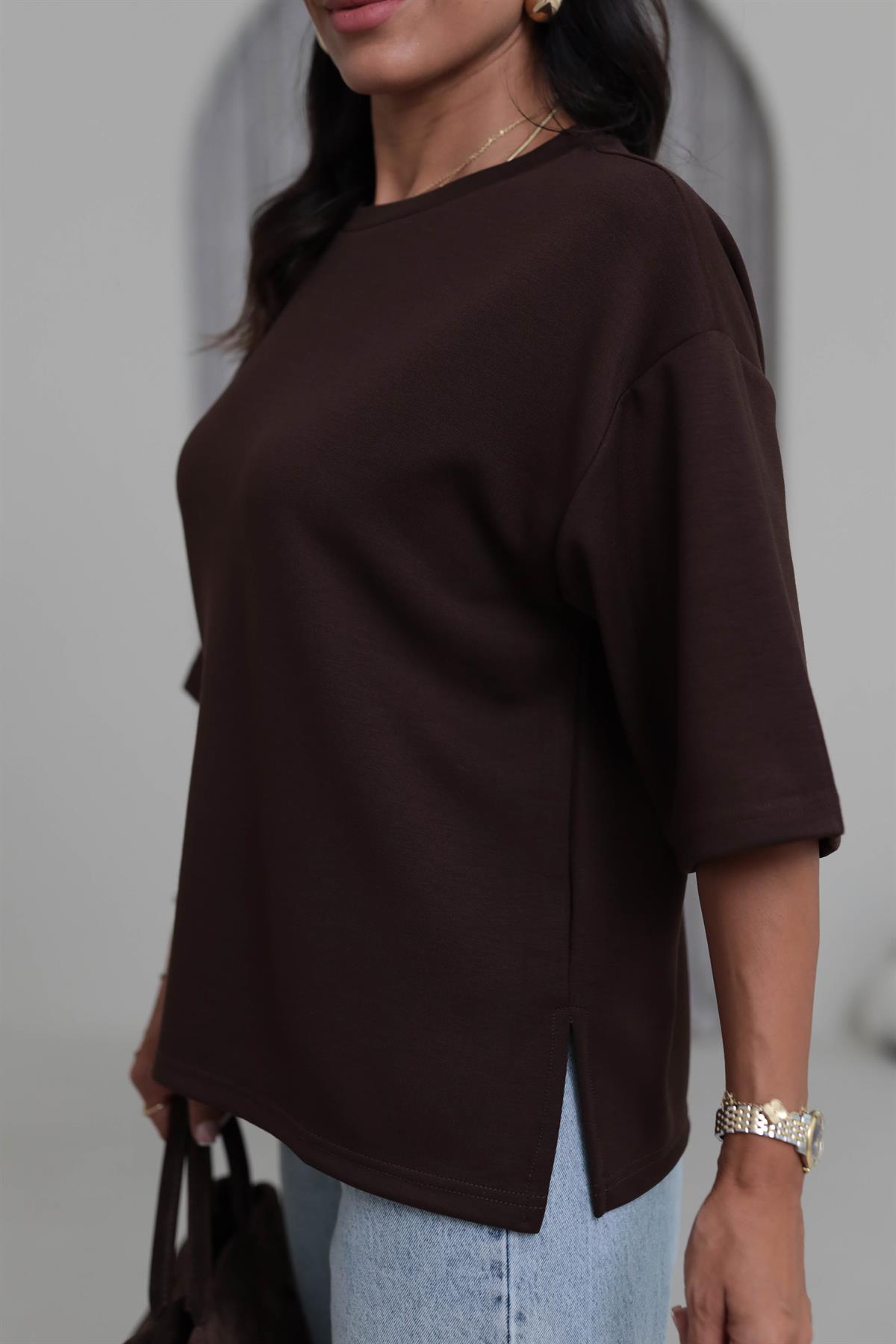 4783 Bisiklet Yaka Rahat Modal Cupra Tshirt KAHVE