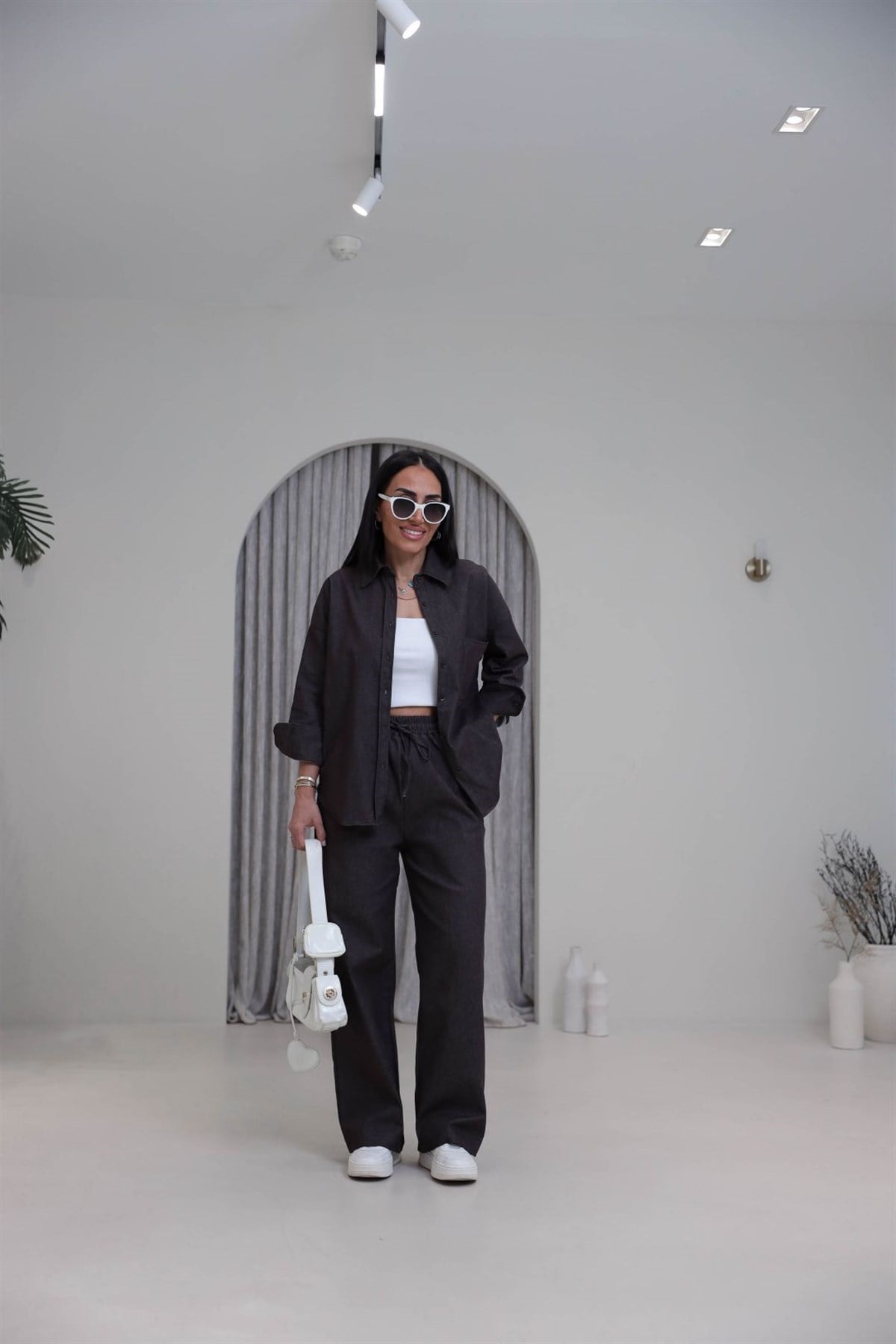 3012 Likralı Gömlekli Kot Takım KAHVE