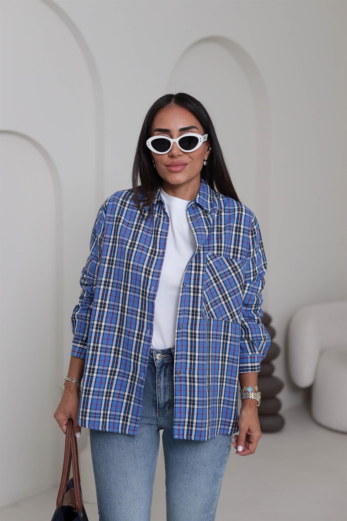 4691 Çizgili Ekose Koton Gömlek MAVİ