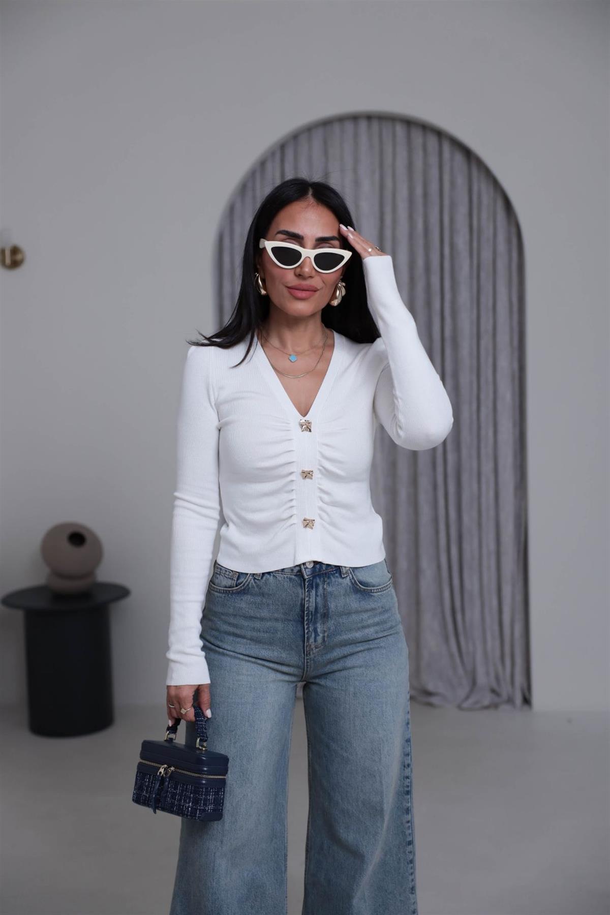 0805 Önü Büzgülü Düğme Detaylı Korsman Triko EKRU