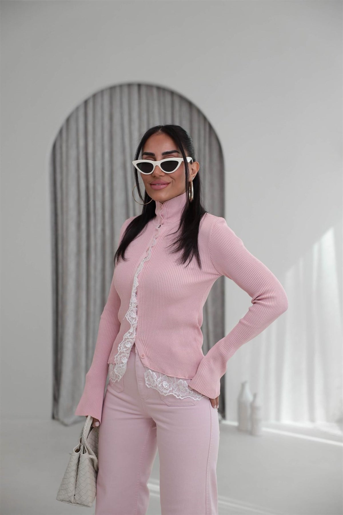 Yarım Balıkçı İspanyol Kol Güpürlü Hırka PEMBE