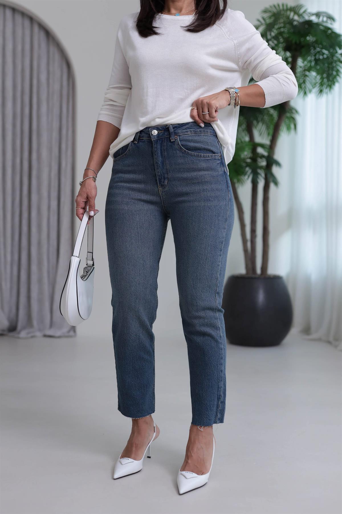 ZA Lazer Kesikli Boyfit Jean TİNTLİ MAVİ