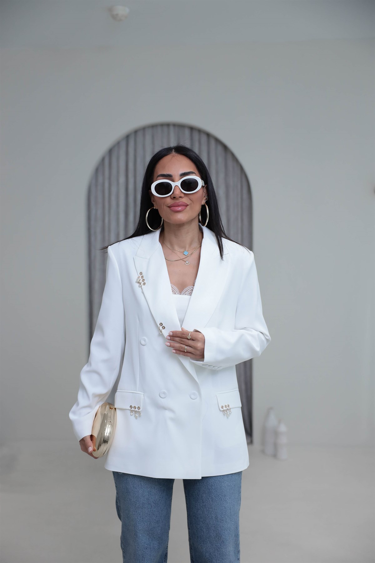 0756 Kuş Gözü Aksesuarlı Düğmeli Blazer Ceket EKRU