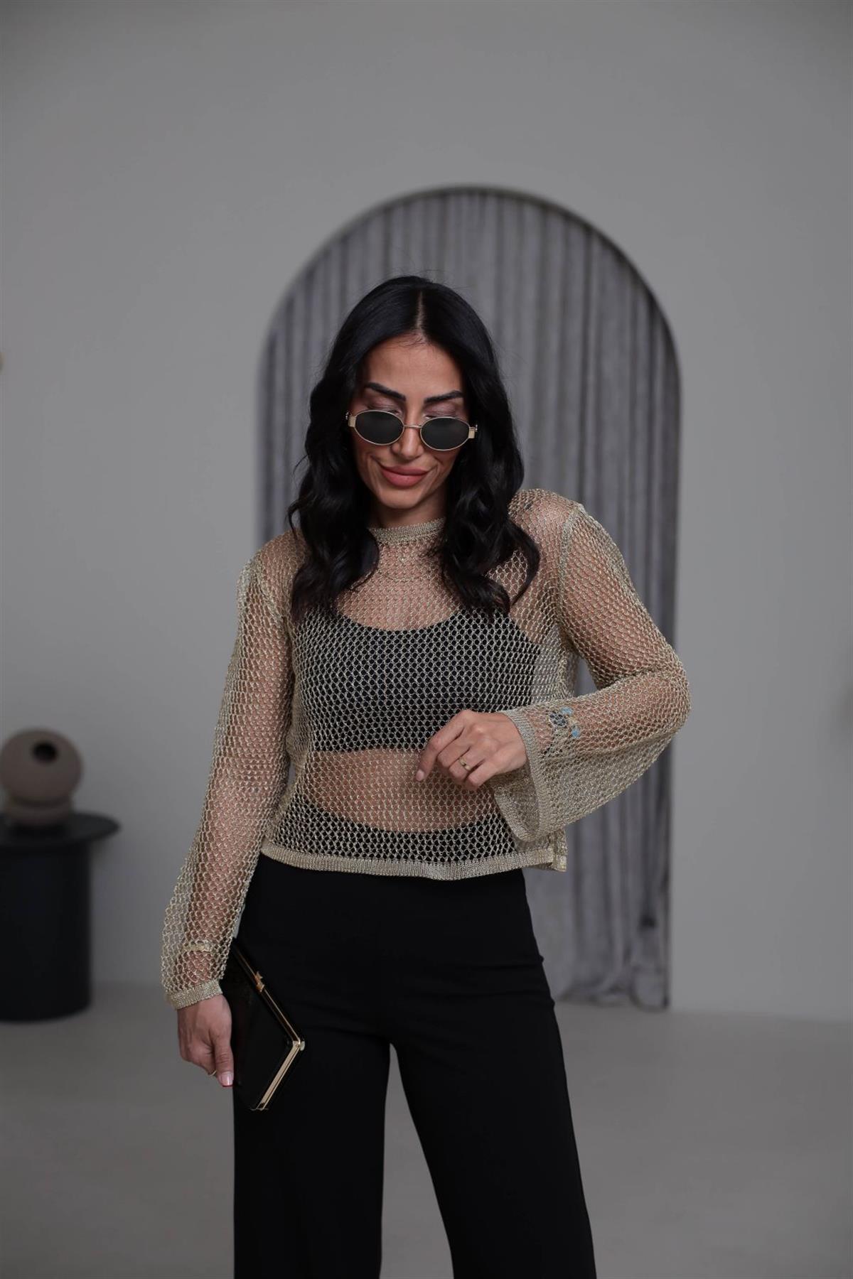 4404 Parlak Simli Ajurlu Kısa Triko GOLD