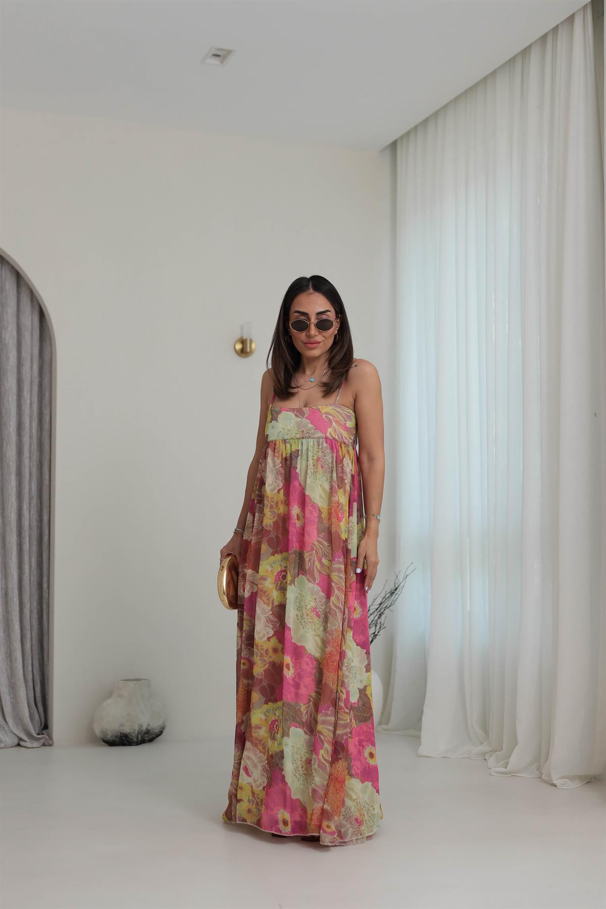 6509 Çiçekli Şifon Askılı Maxi Elbise ÇİÇEKLİ