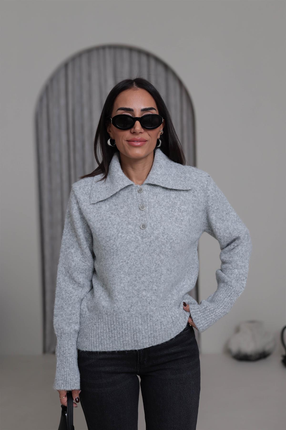 5069 Gömlek Yaka Yarım Düğmeli Kazak GRİ