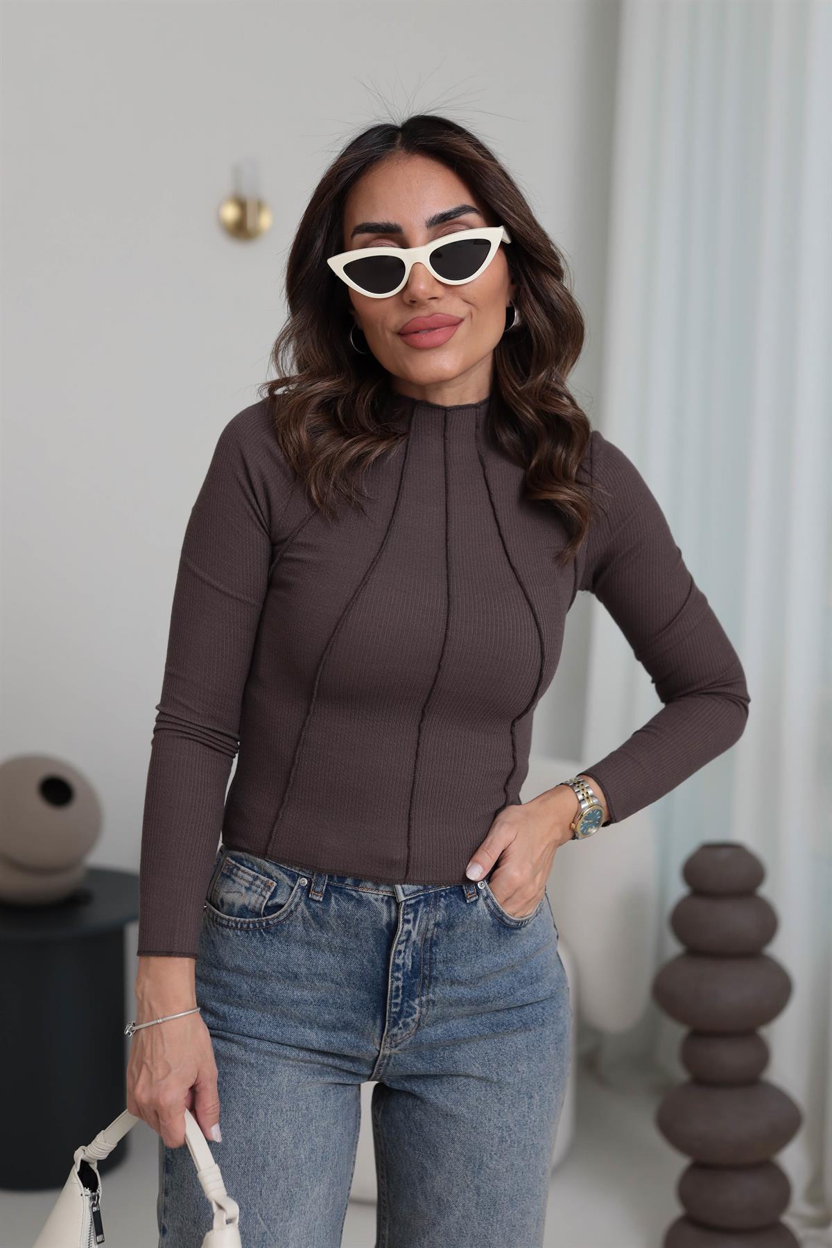 3875 Önü Dikişli Pamuklu Bluz KAHVE