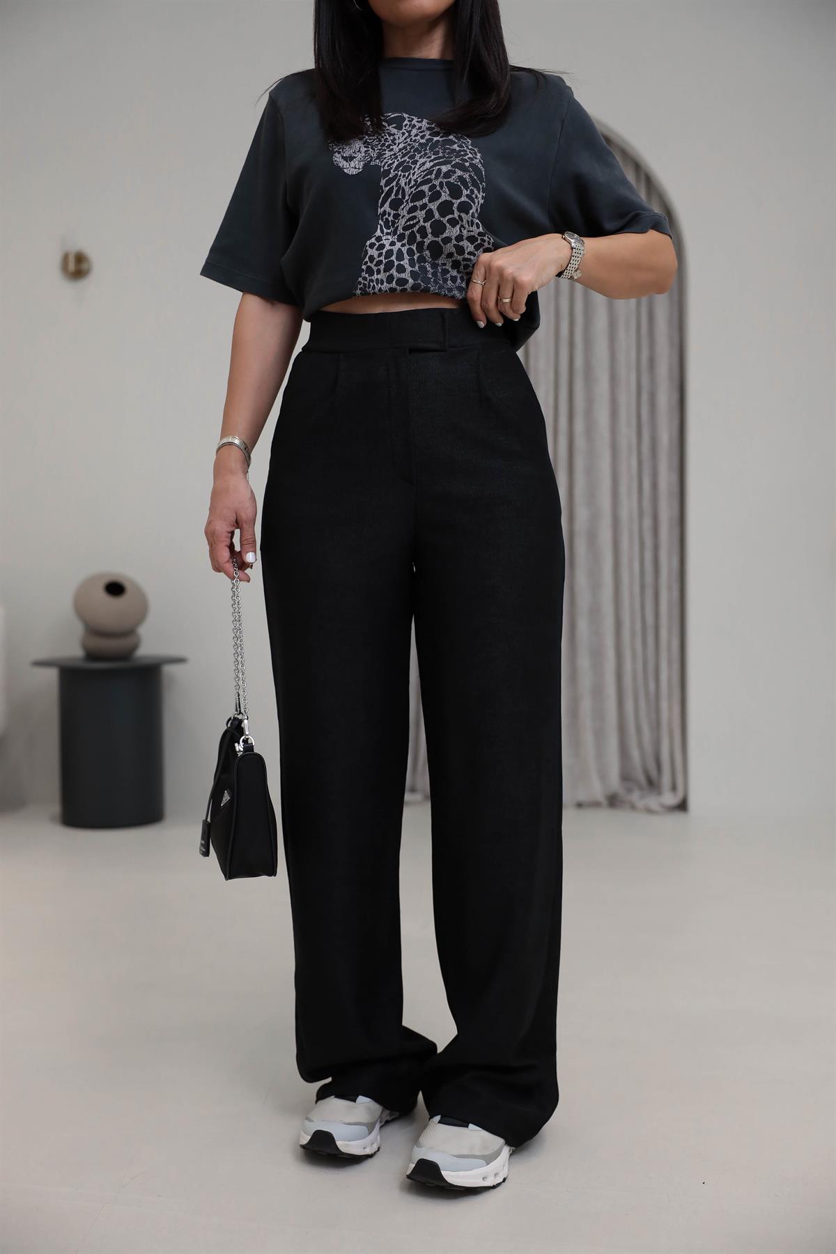 3997 Cırtlı Likralı Dokulu Pantolon SİYAH