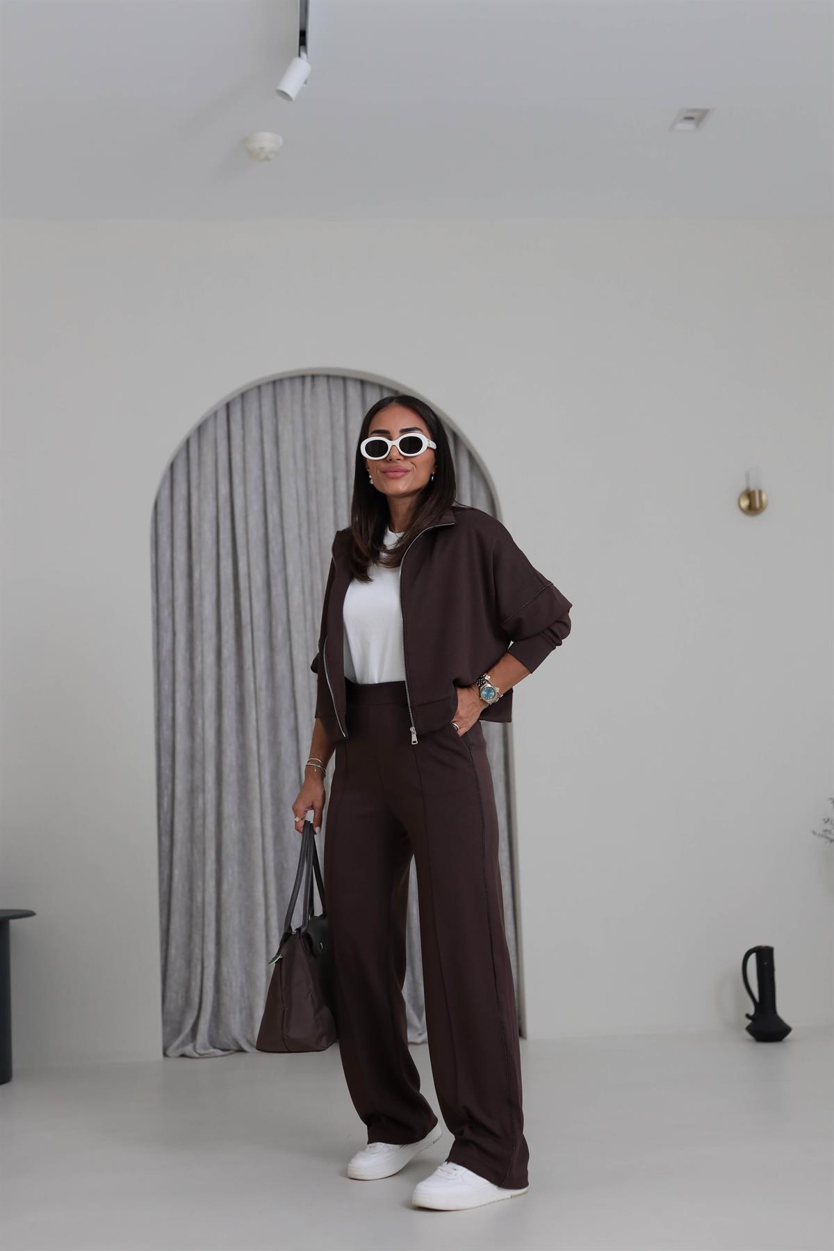 2378 Ceketi Fermuarlı Zincir Detay Modal Takım KAHVE