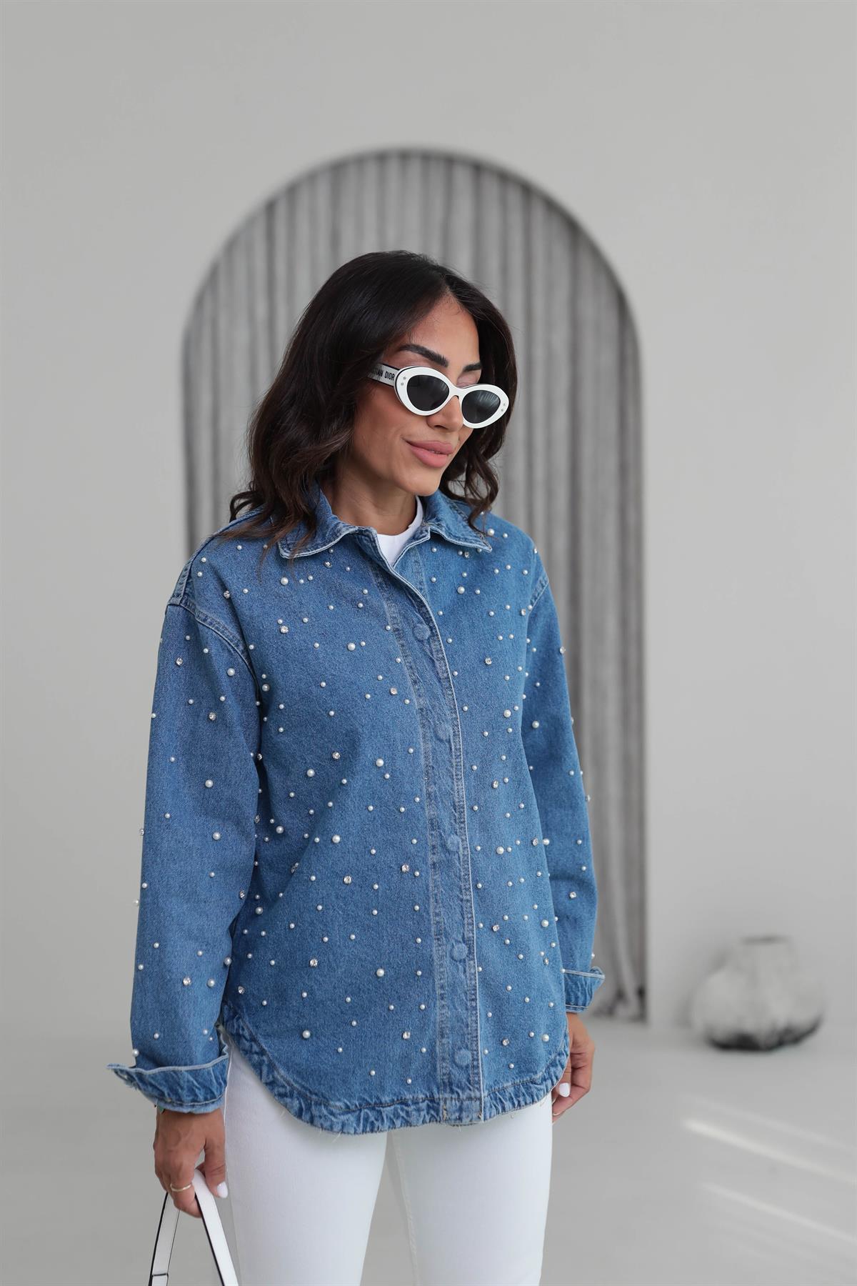 6696 İnci Ve Taş İşlemeli Kot Ceket MAVİ