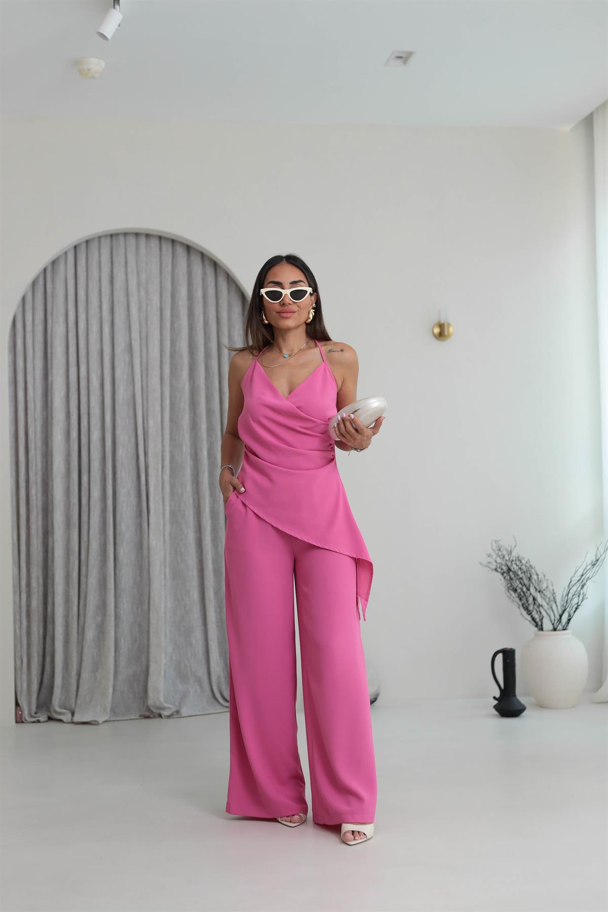 0509 Drapeli Asimetrik Kesim Takım FUŞYA