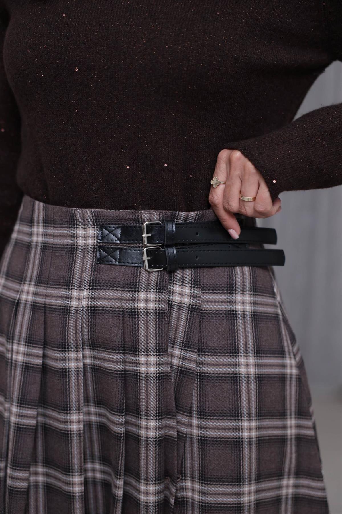 4228 Çift Kemer Detaylı Ekose Etek KAHVE