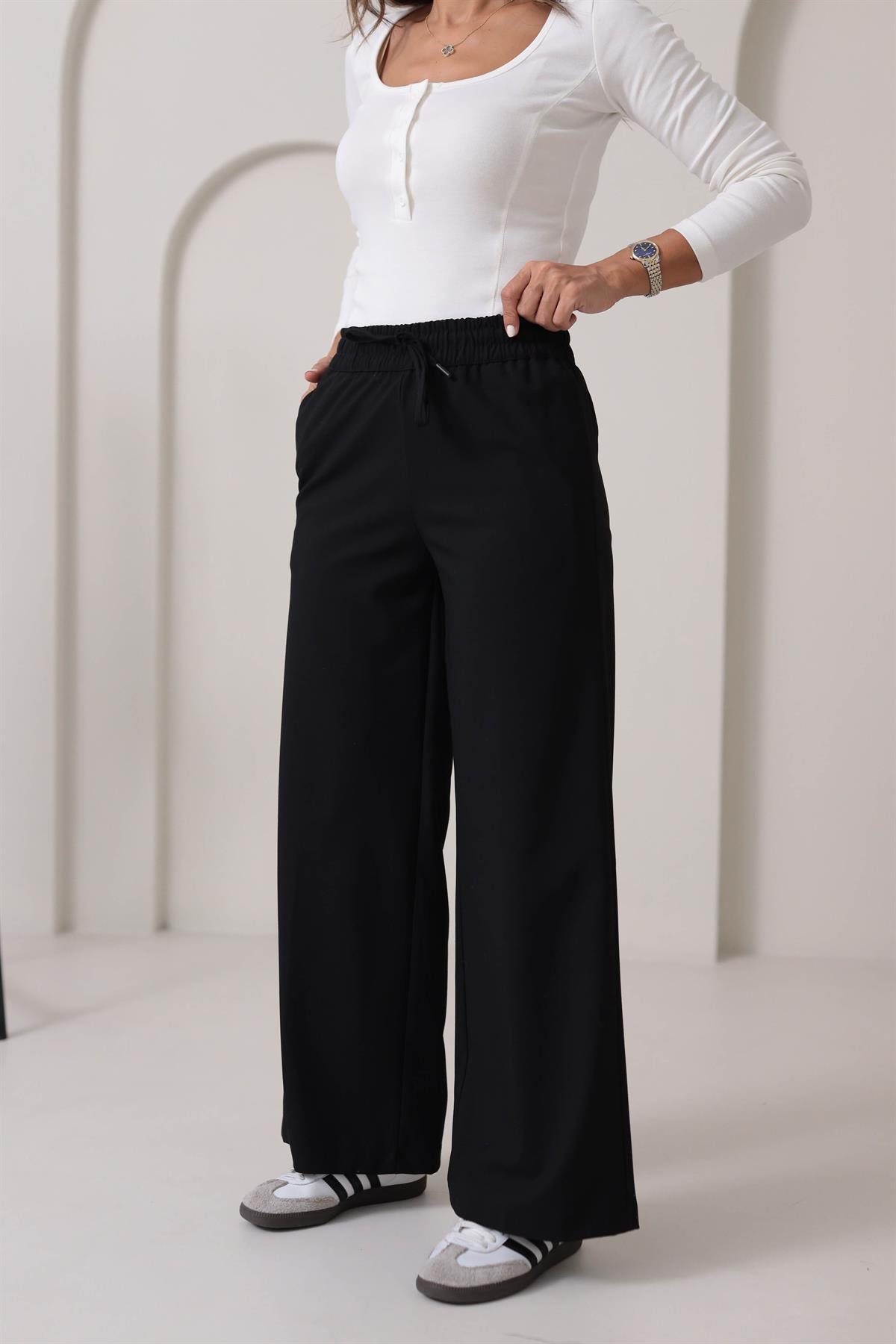 1556 Bel Bağcık ve Lastikli Bol Paça Pantolon SİYAH