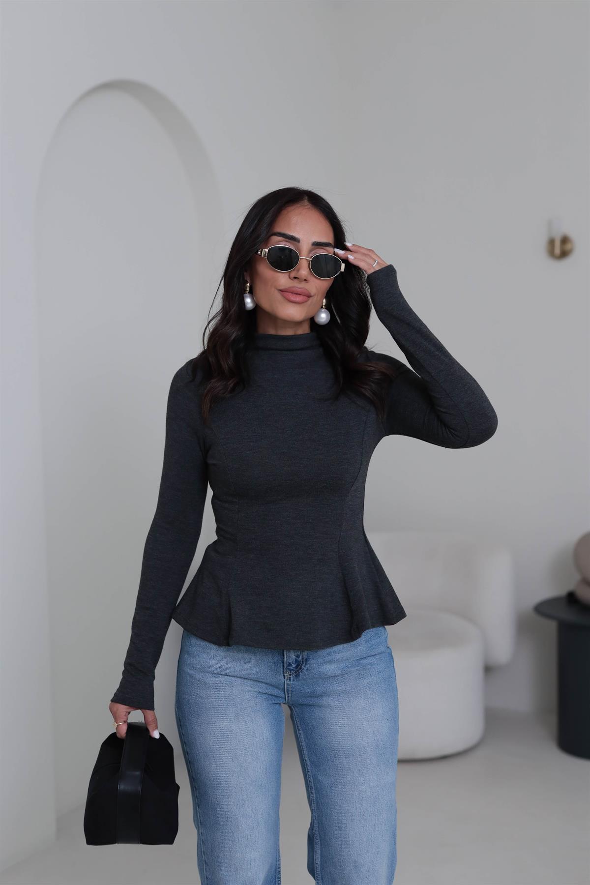 2038 Uzun Kollu Peplum Bluz ANTRASİT