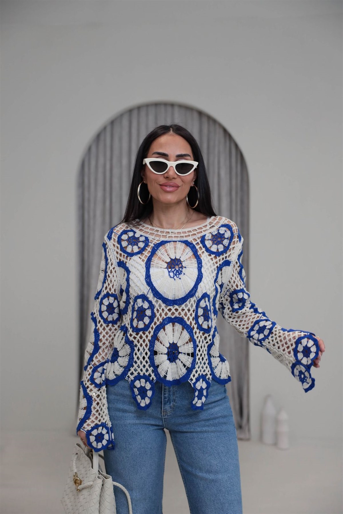 4087 Desenli Örme Yazlık Triko MAVİ