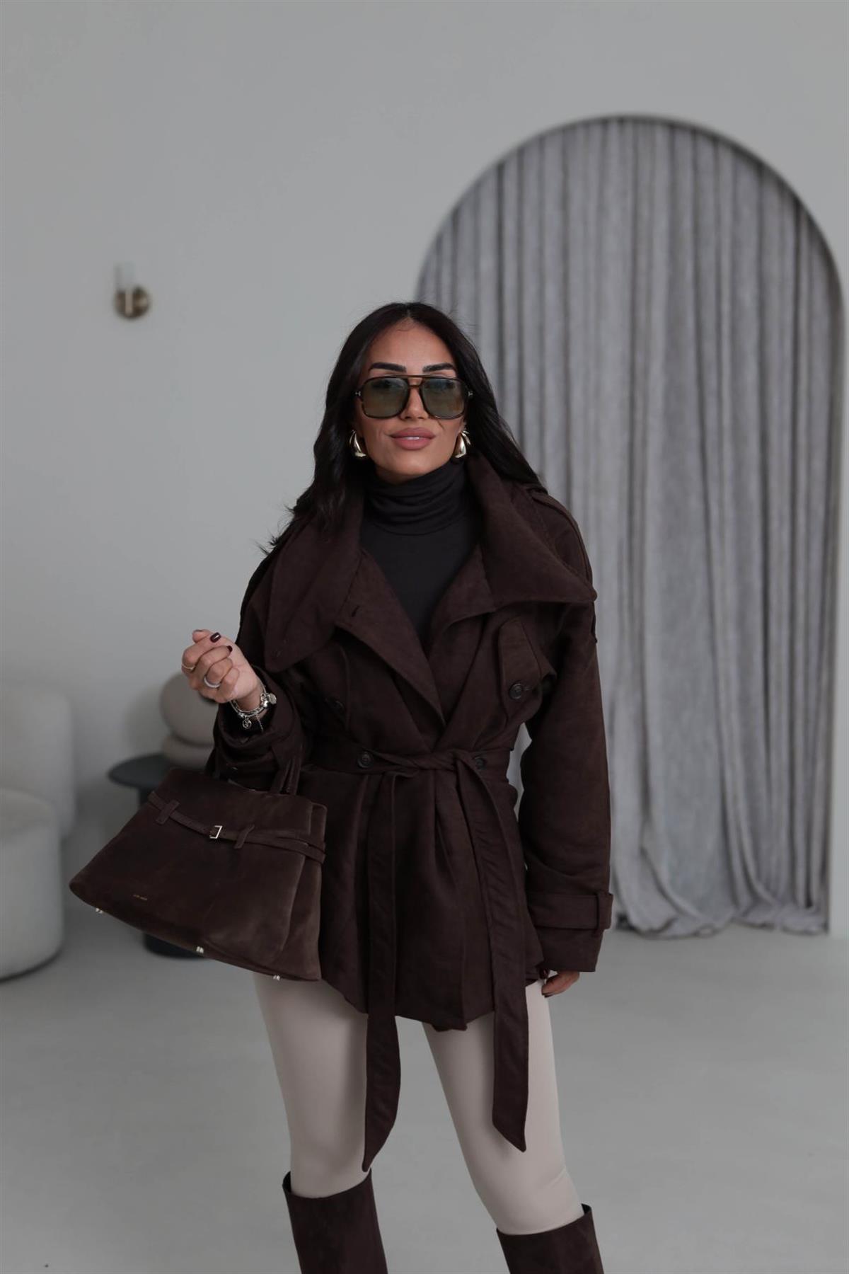 0572 Dik Yaka Apoletli Süet Mont ACI KAHVE