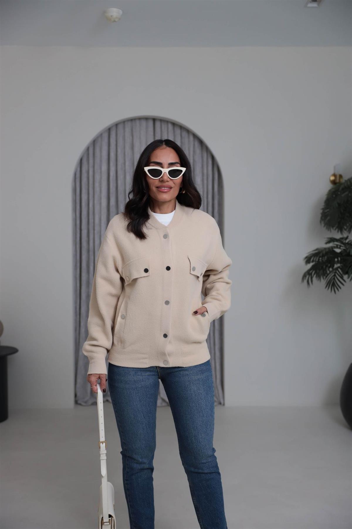 4589 Çıtçıtlı Cep Detaylı Angora Ceket KREM