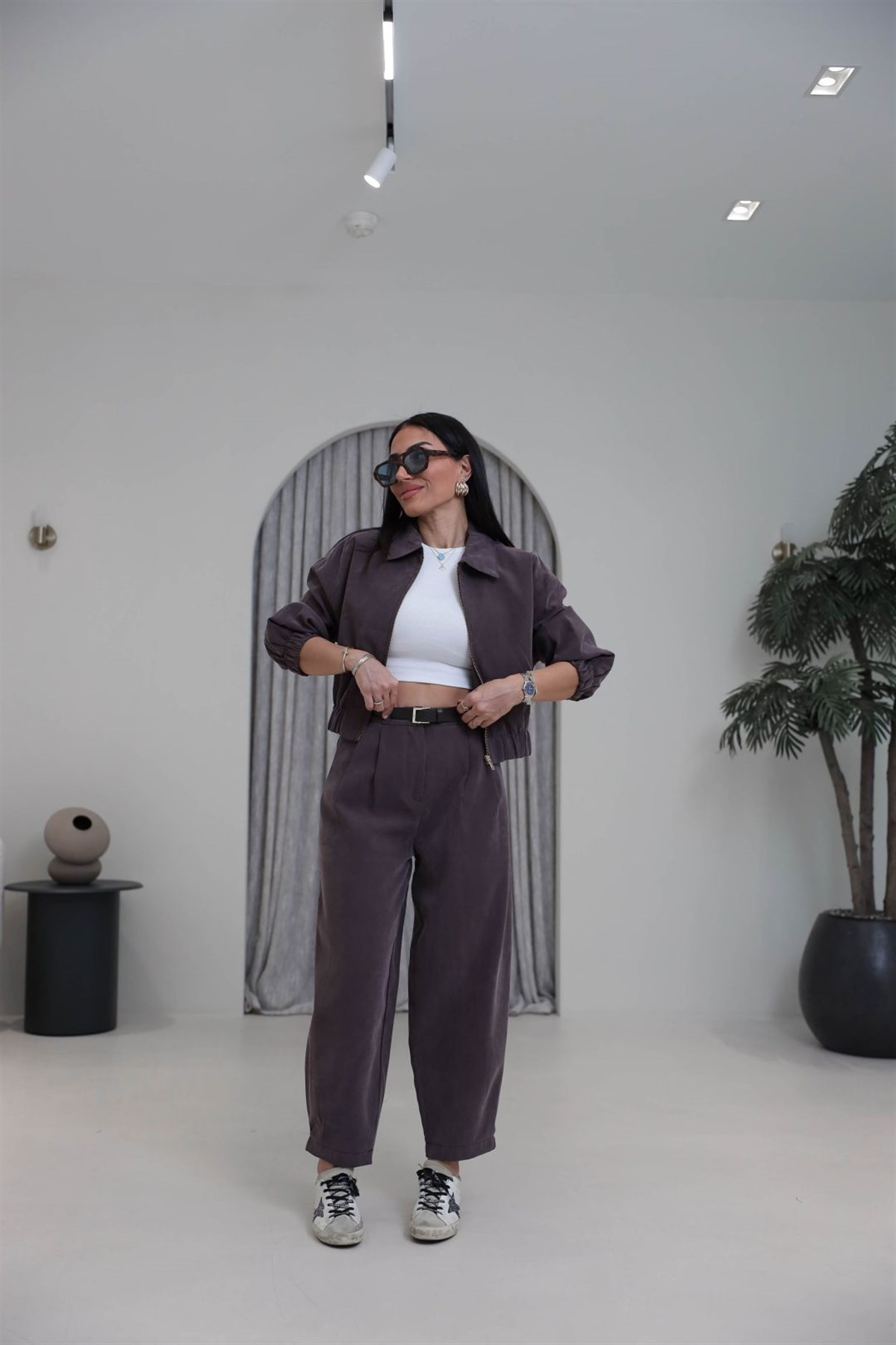 0735 Polo Yaka Bomber Ceketli Tencel Takım KAHVE