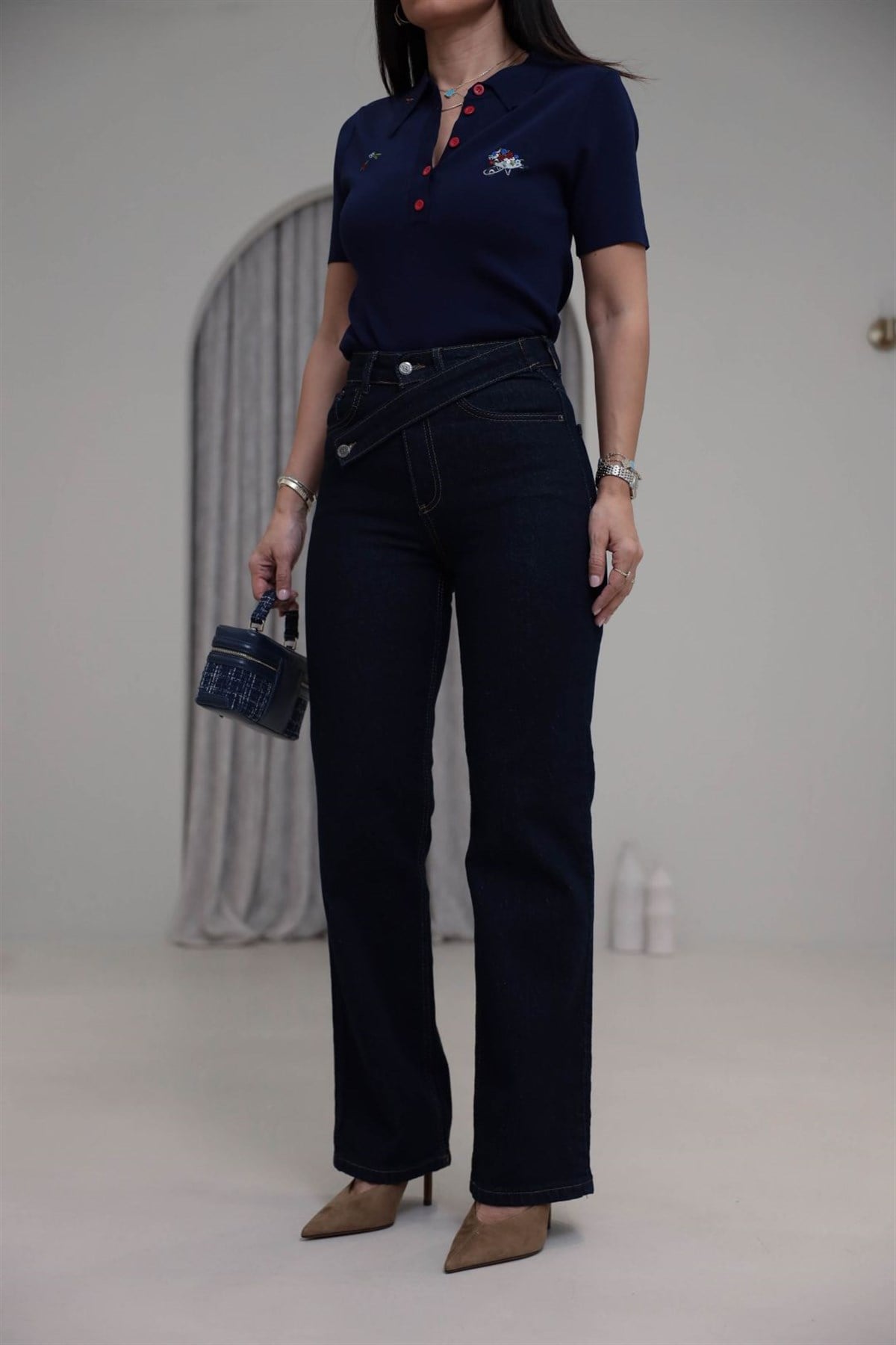 1035 Asimetrik Kemerli Denim Pantolon LACİVERT