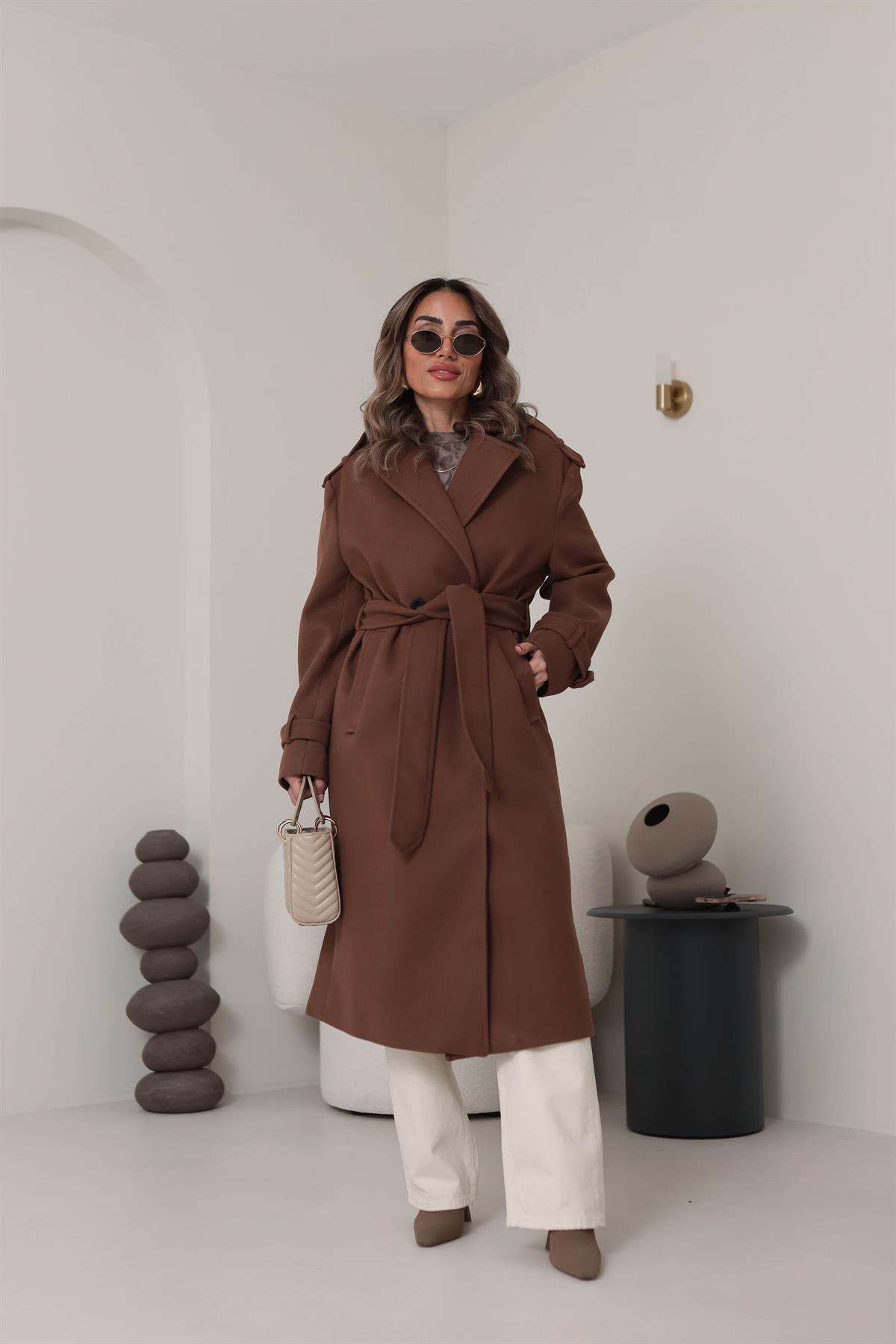 9377 Düğmeli Apoletli Kaşe Kaban KAHVE