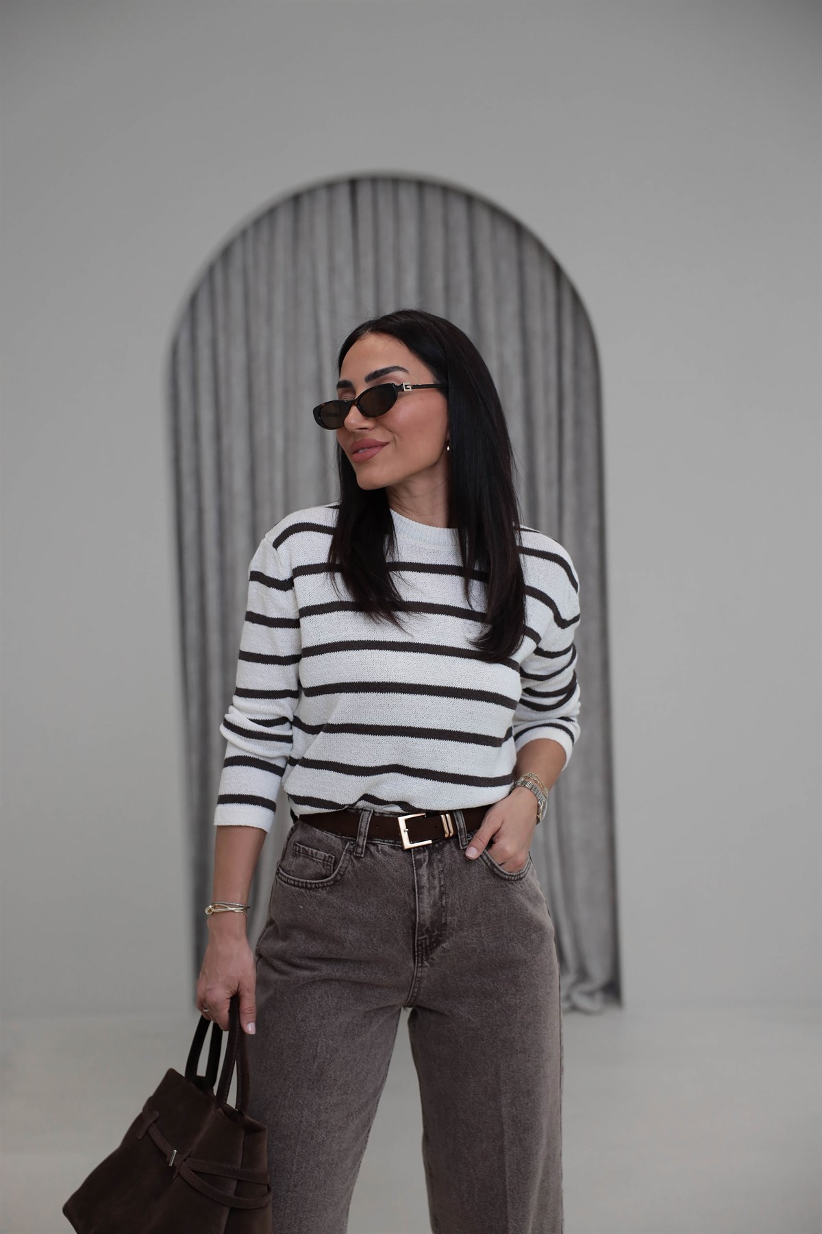 1032 Çizgili Triko Bluz EKRU