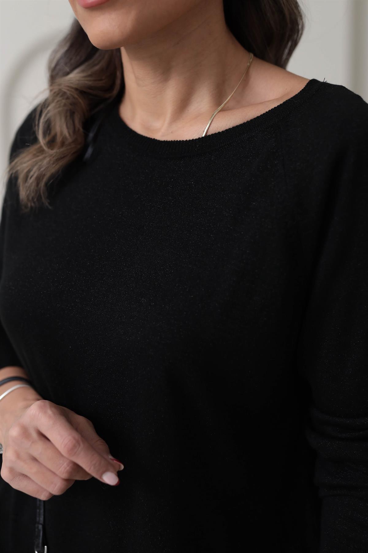 0557 Bisiklet Yaka Simli Basic İnce Triko SİYAH