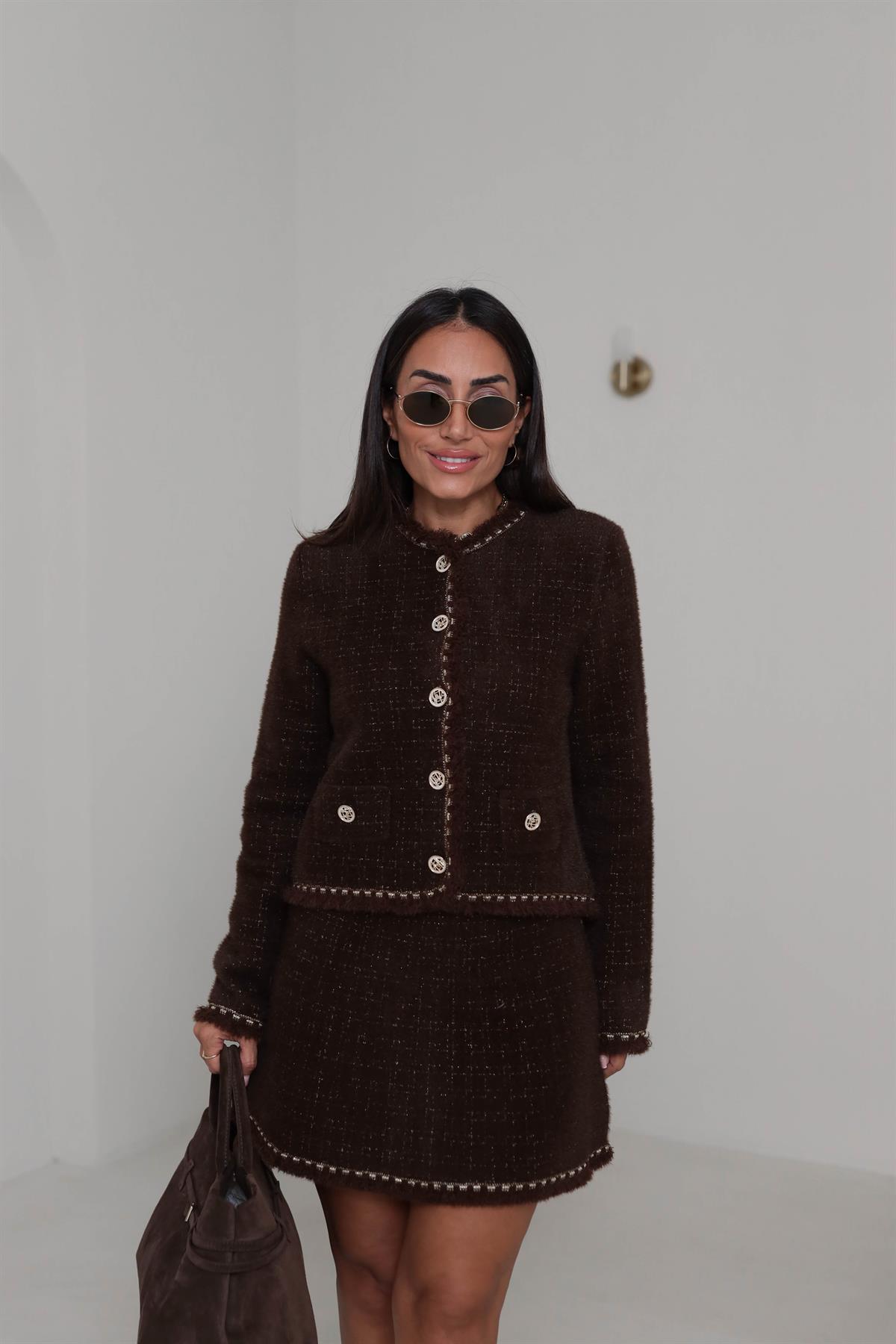 0419 Püskül ve Sim Detaylı Angora Ceket ACI KAHVE