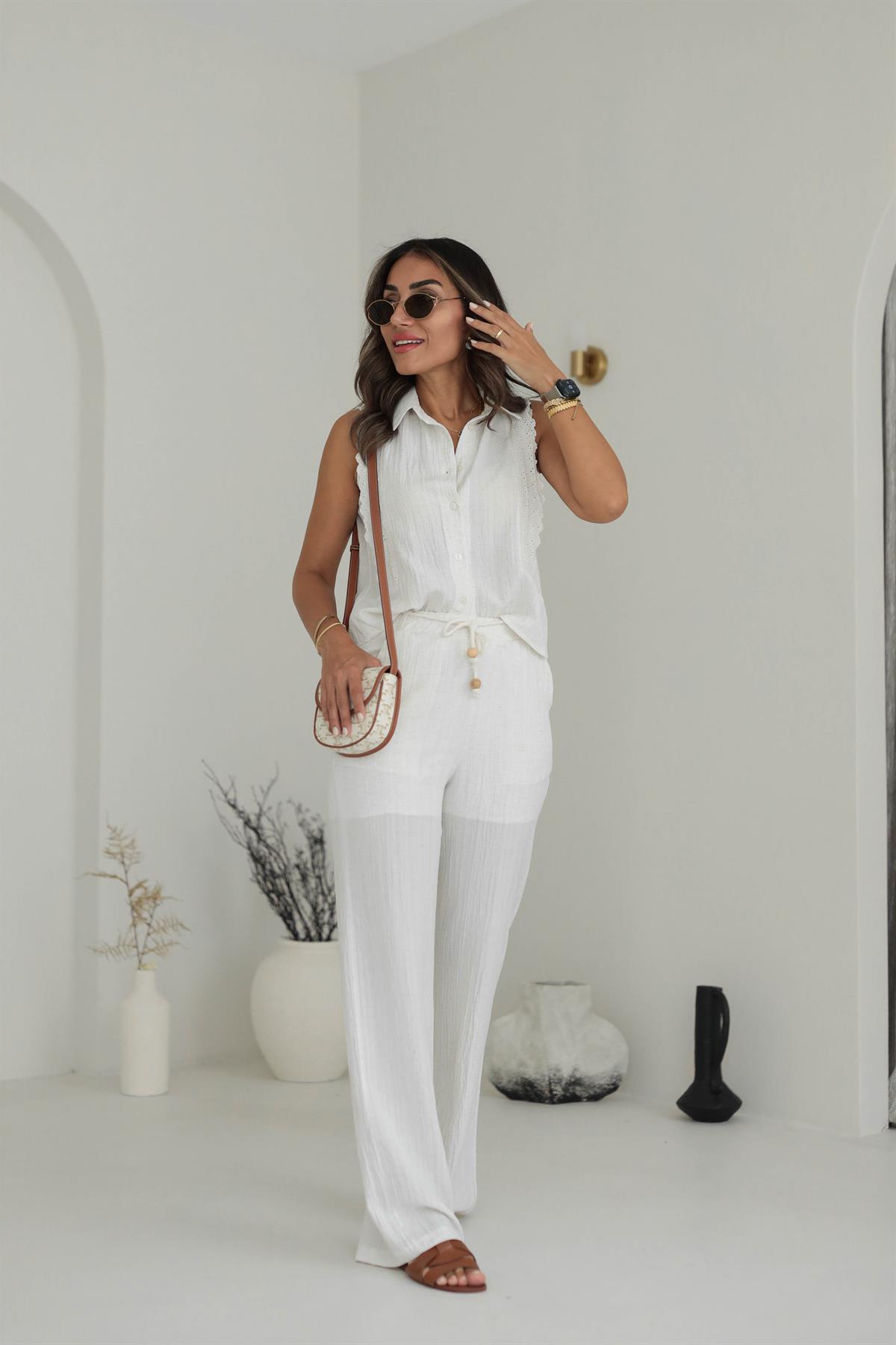 2239 Sıfır Kol Fisto Detaylı Gömlekli Pantolon Takım